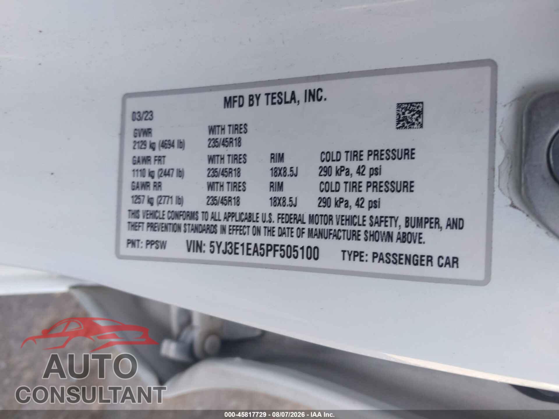 TESLA MODEL 3 2023 - 5YJ3E1EA5PF505100