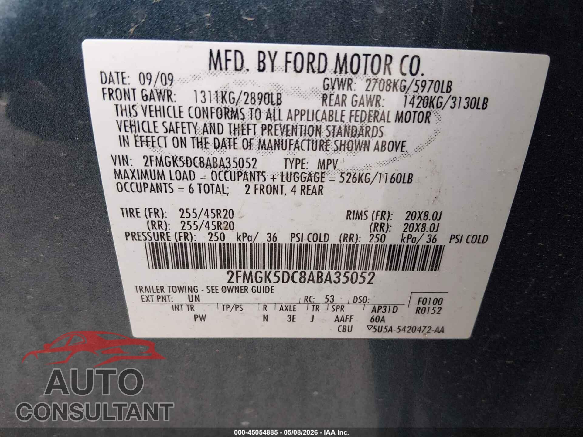 FORD FLEX 2010 - 2FMGK5DC8ABA35052