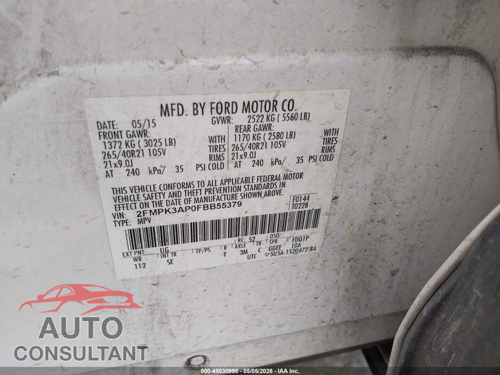 FORD EDGE 2015 - 2FMPK3AP0FBB55379
