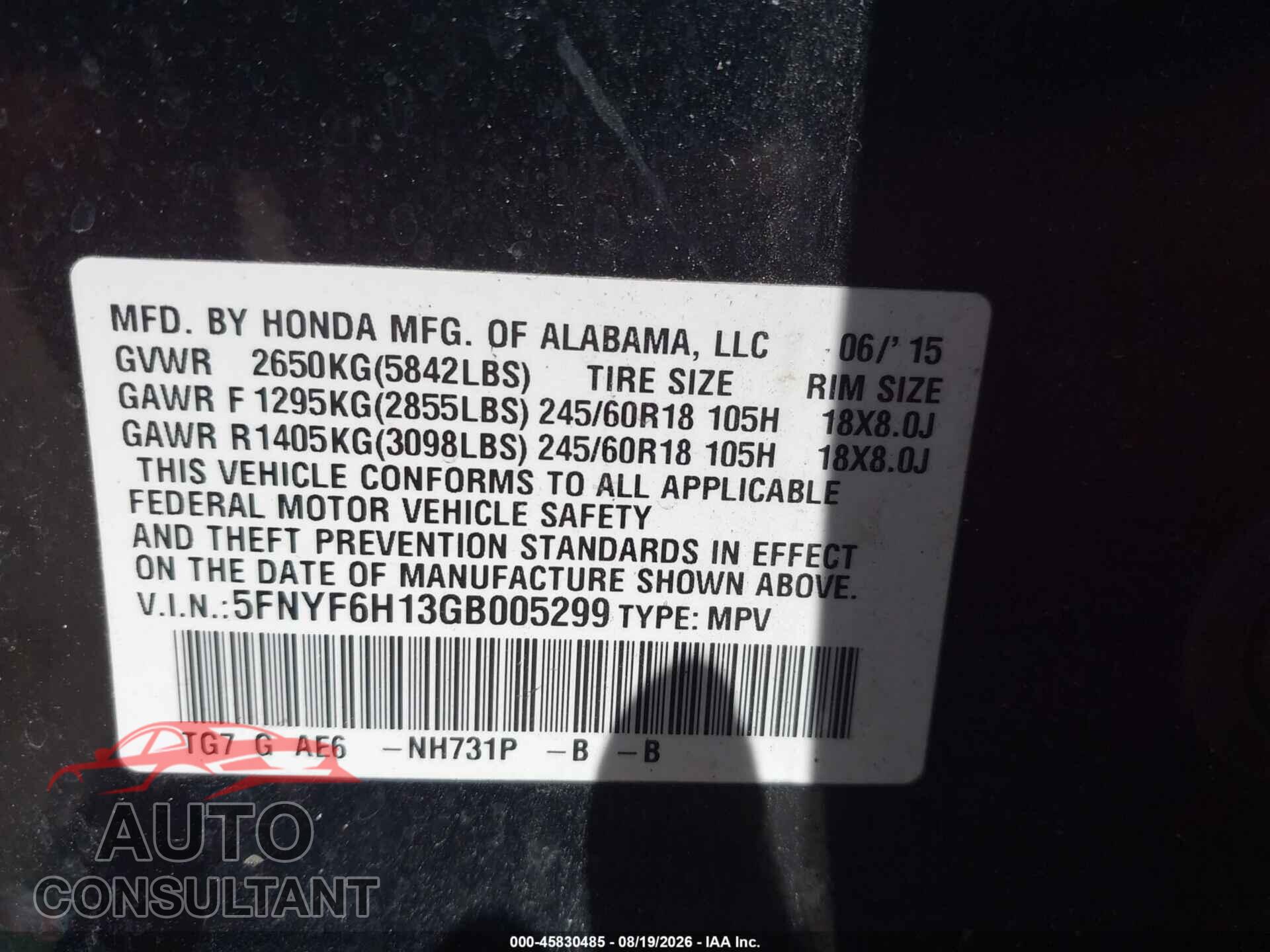 HONDA PILOT 2016 - 5FNYF6H13GB005299