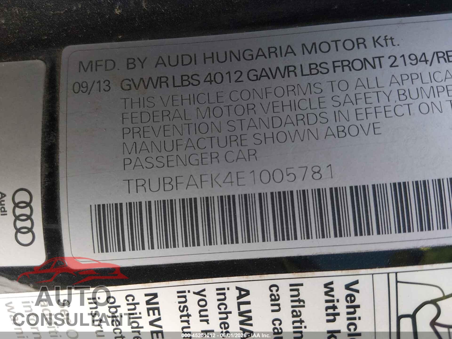 AUDI TT 2014 - TRUBFAFK4E1005781