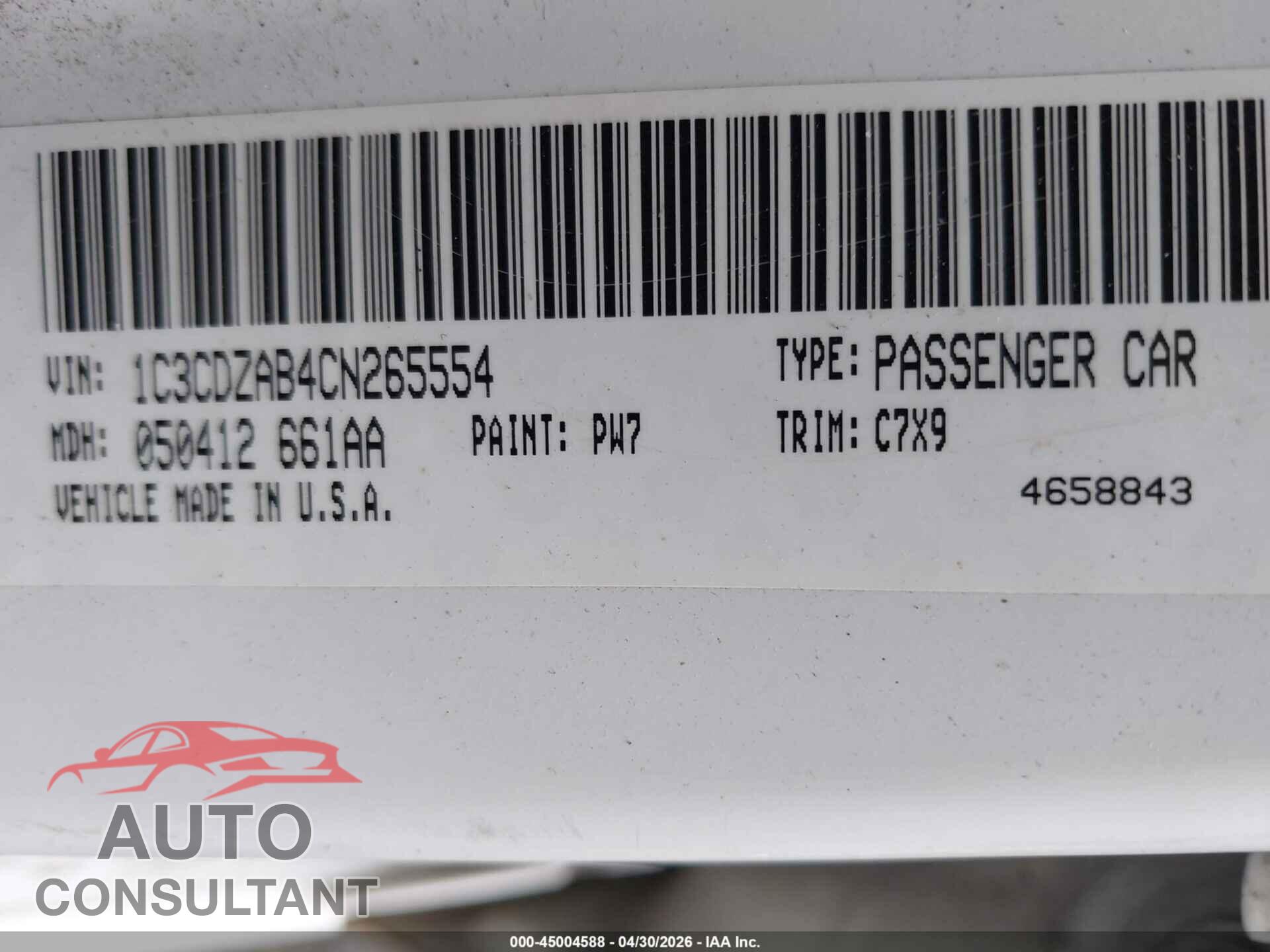 DODGE AVENGER 2012 - 1C3CDZAB4CN265554