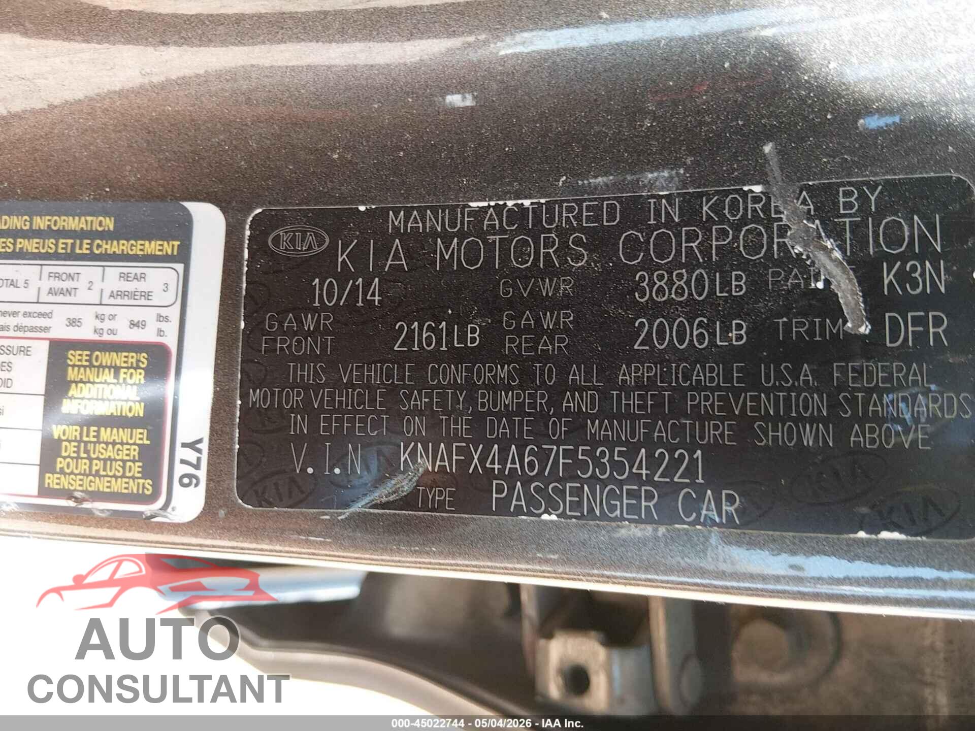 KIA FORTE 2015 - KNAFX4A67F5354221