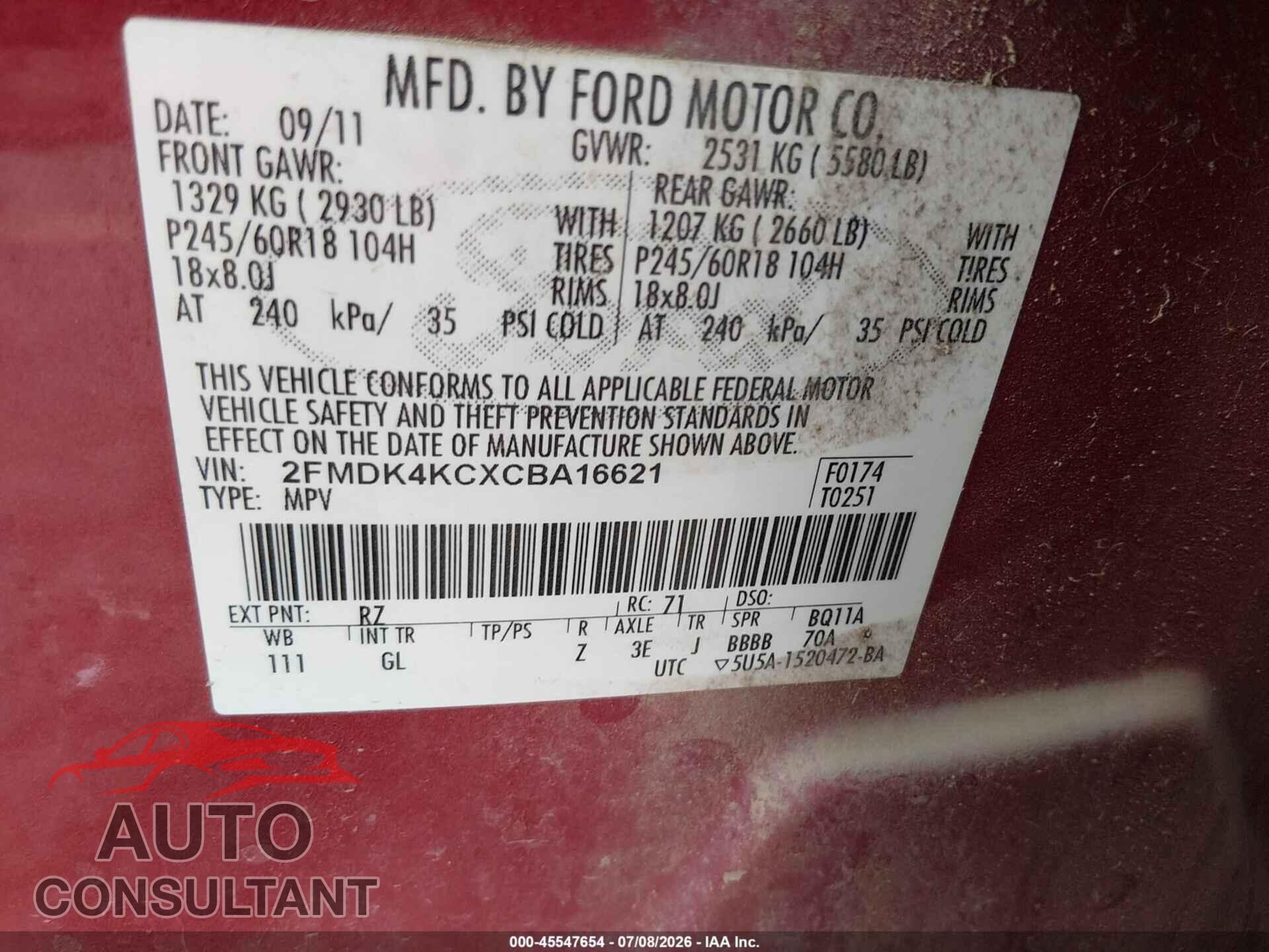 FORD EDGE 2012 - 2FMDK4KCXCBA16621