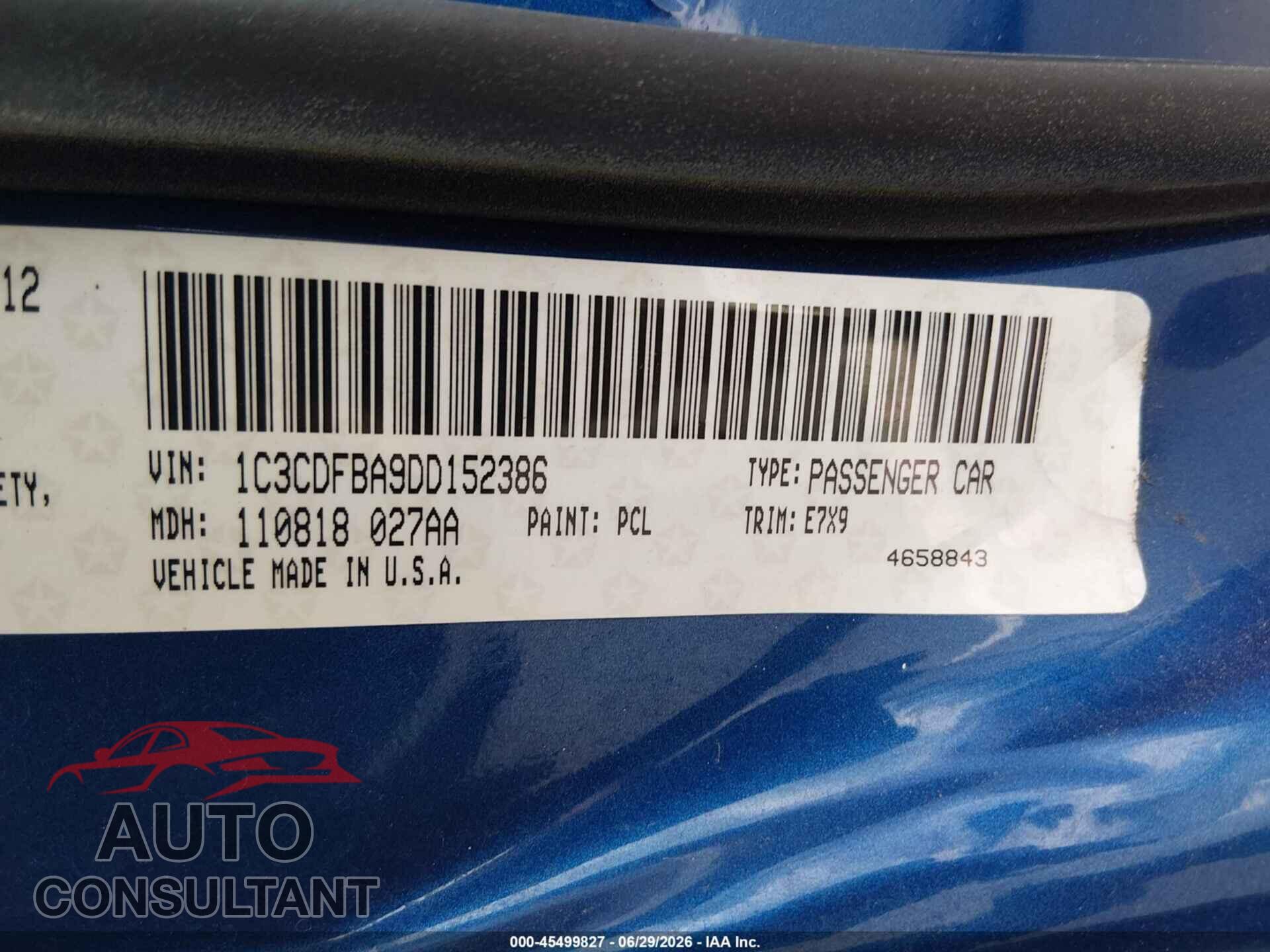 DODGE DART 2013 - 1C3CDFBA9DD152386