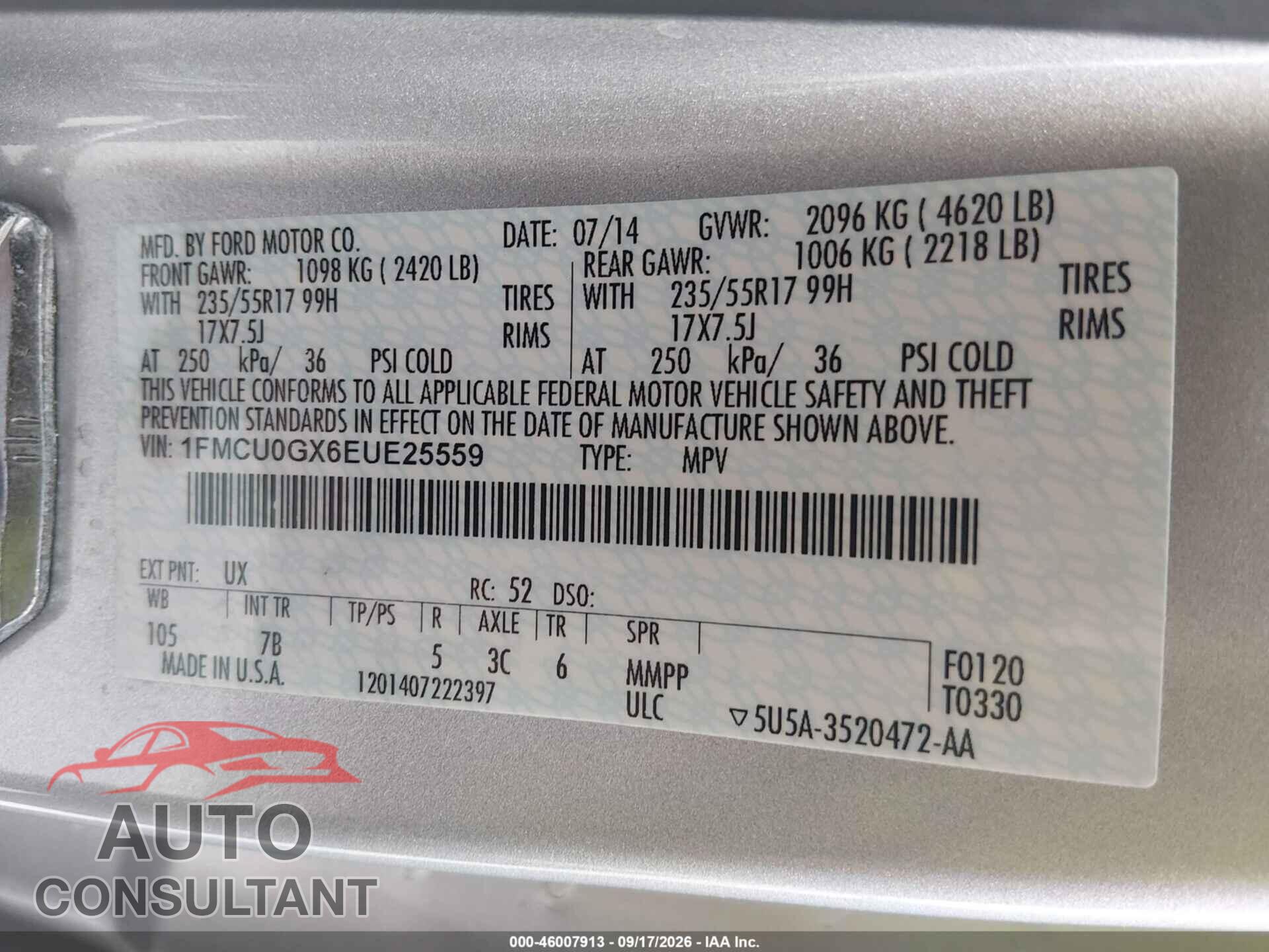 FORD ESCAPE 2014 - 1FMCU0GX6EUE25559