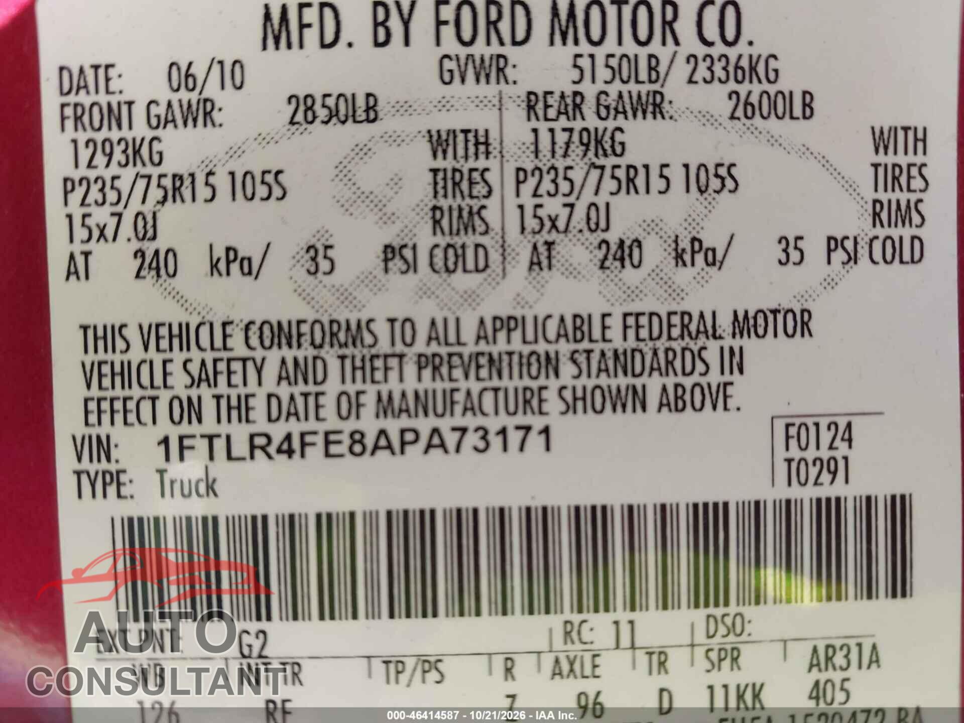 FORD RANGER 2010 - 1FTLR4FE8APA73171