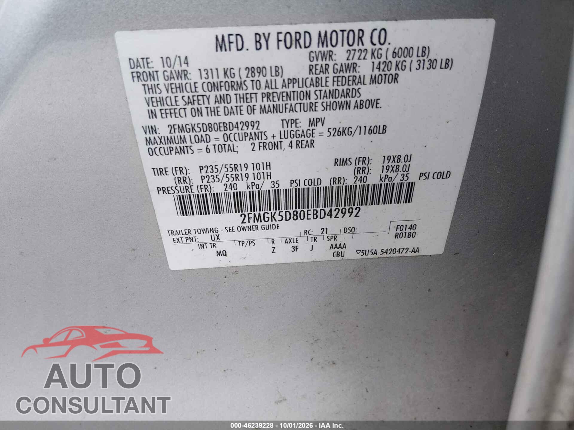 FORD FLEX 2014 - 2FMGK5D80EBD42992