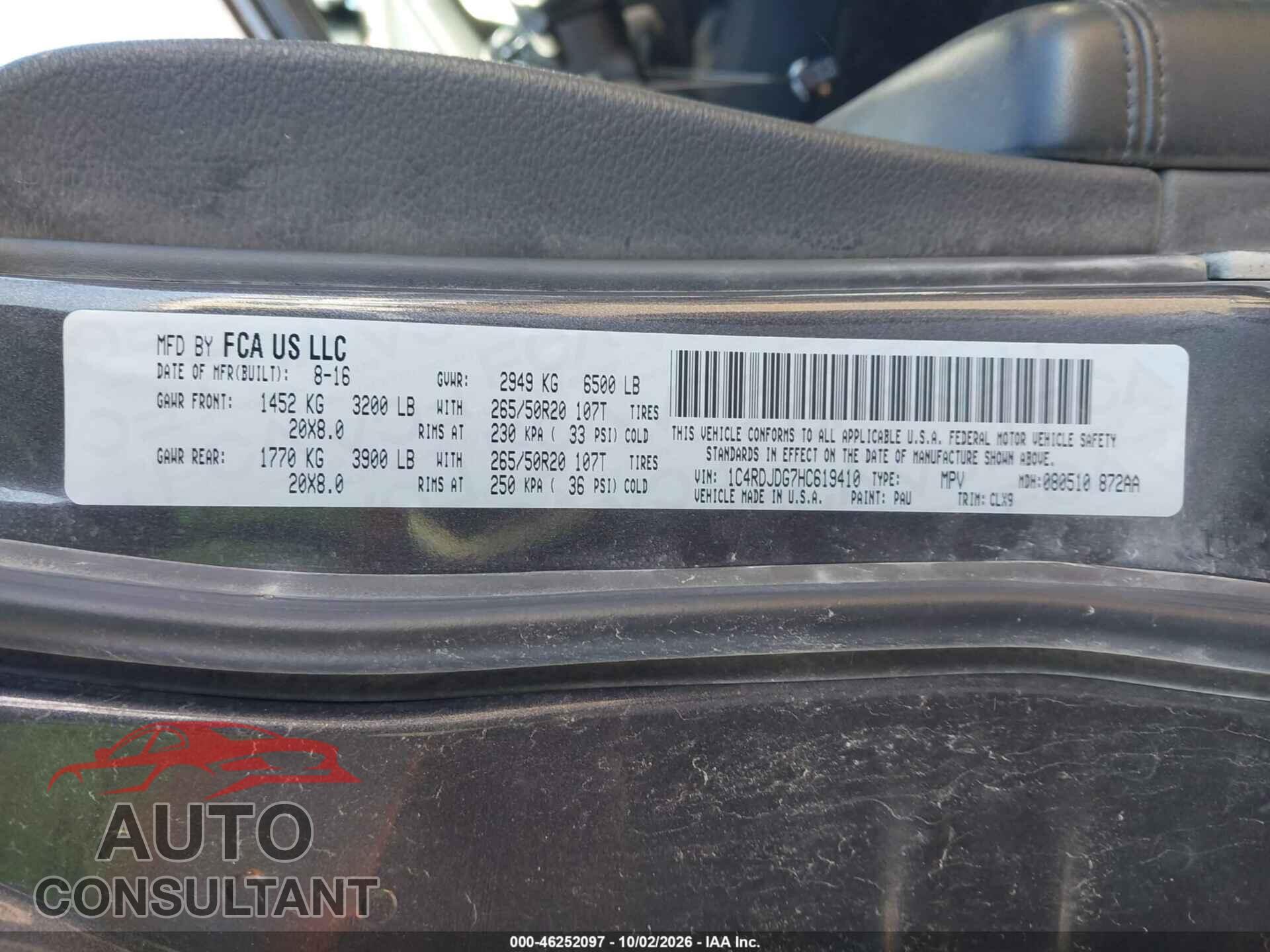 DODGE DURANGO 2017 - 1C4RDJDG7HC619410