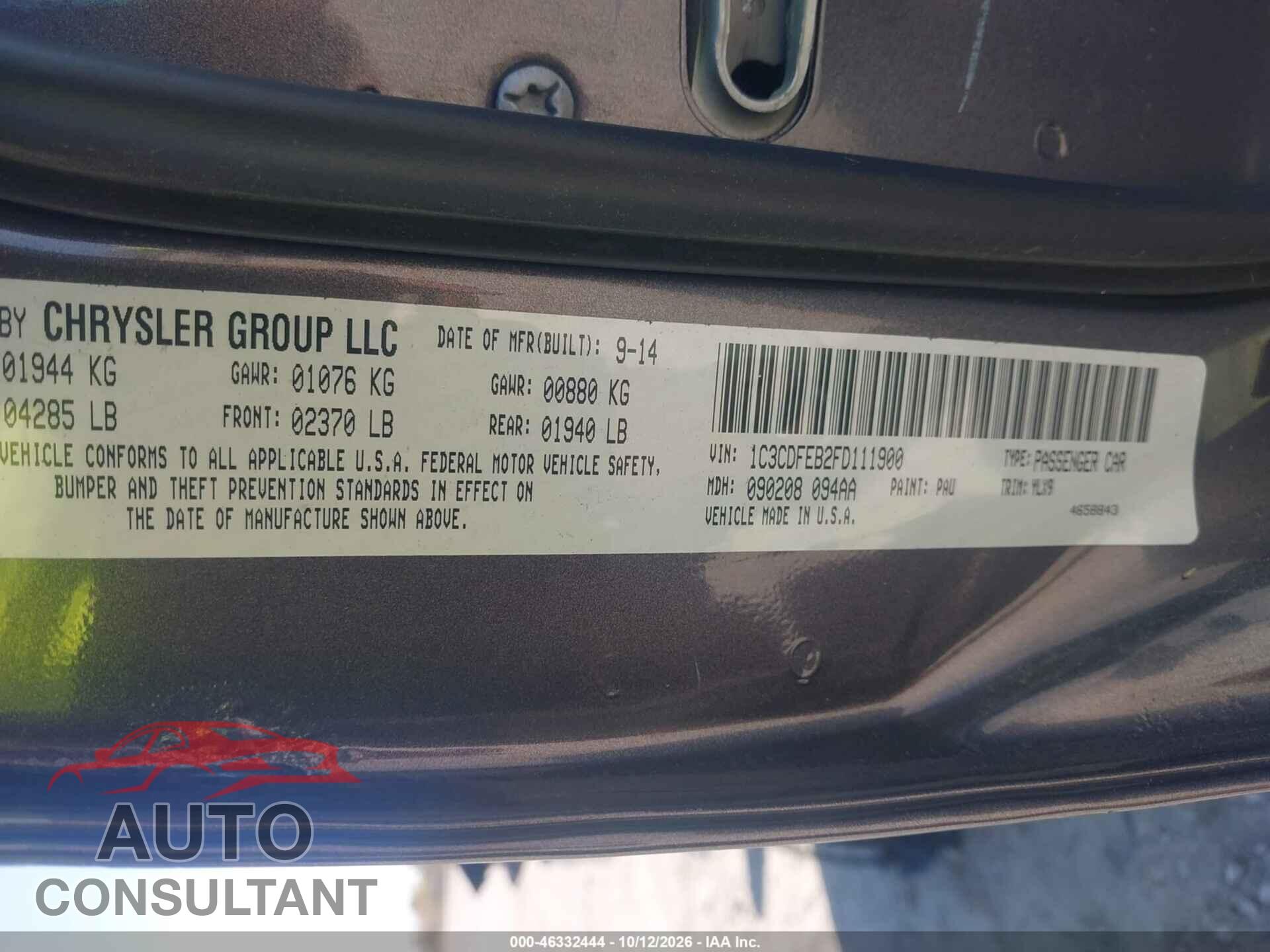 DODGE DART 2015 - 1C3CDFEB2FD111900