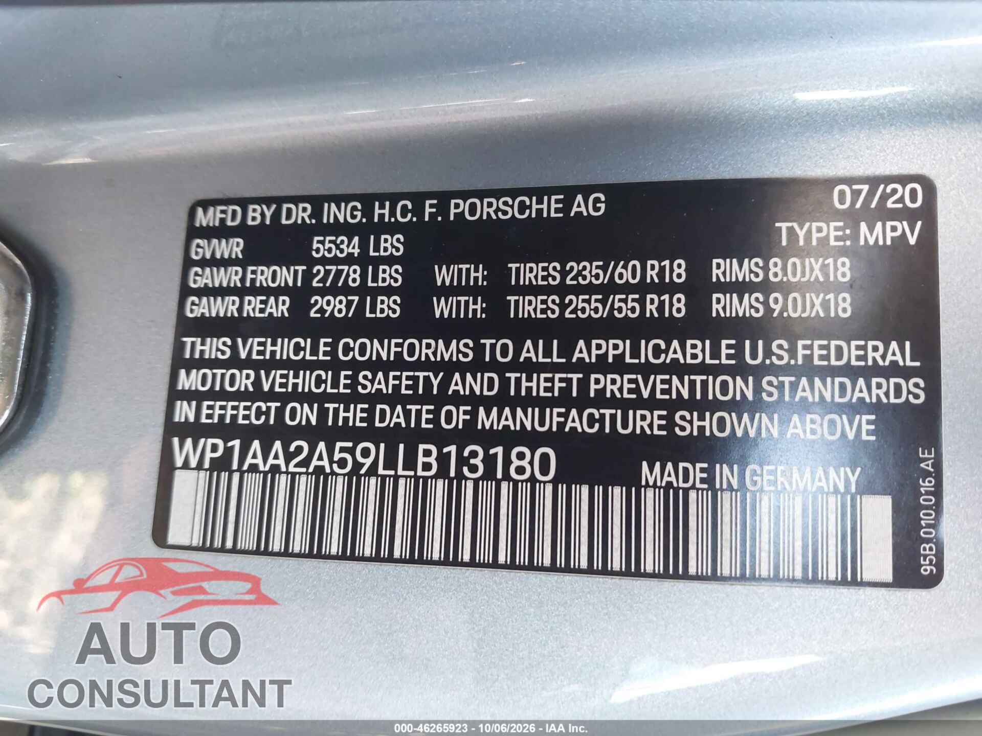 PORSCHE MACAN 2020 - WP1AA2A59LLB13180
