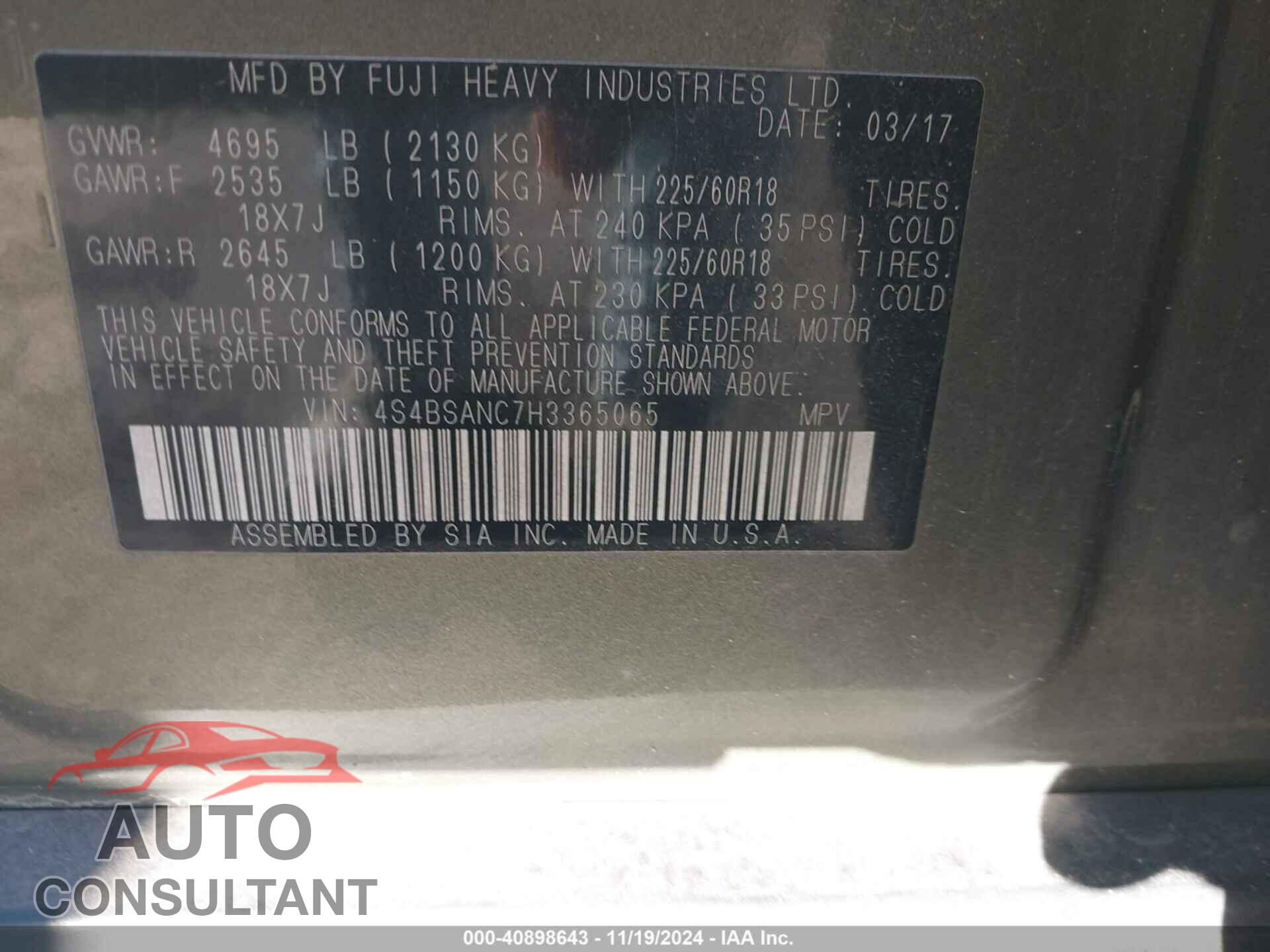 SUBARU OUTBACK 2017 - 4S4BSANC7H3365065