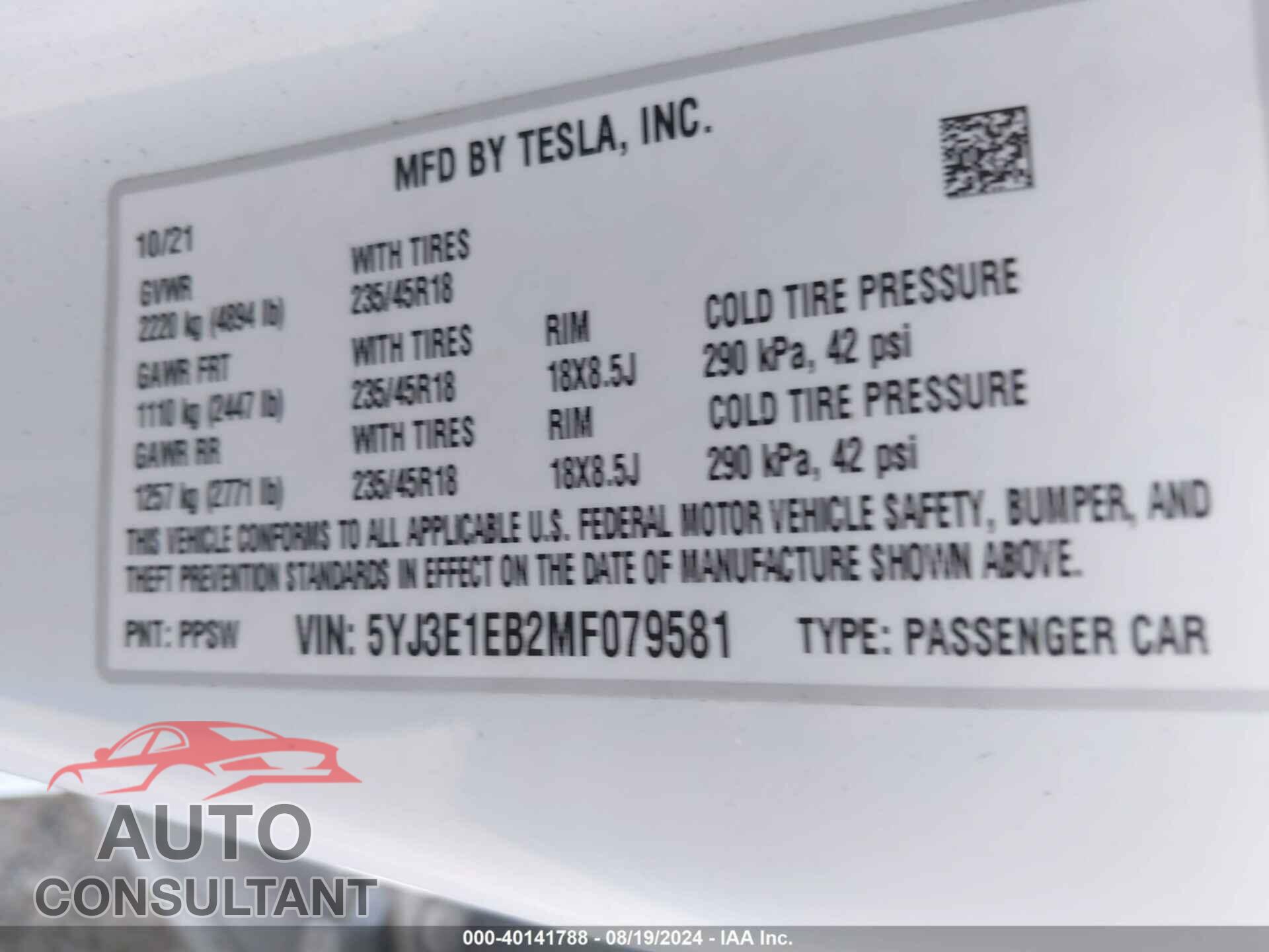 TESLA MODEL 3 2021 - 5YJ3E1EB2MF079581