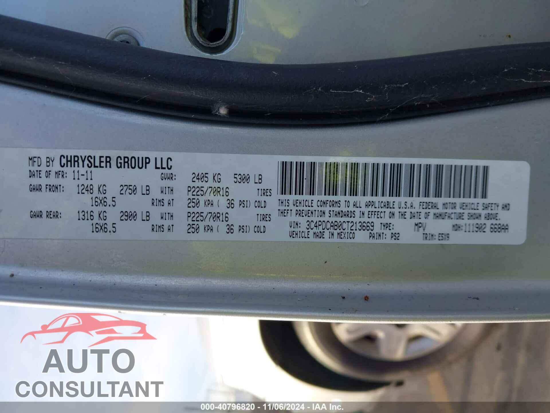 DODGE JOURNEY 2012 - 3C4PDCAB0CT213669