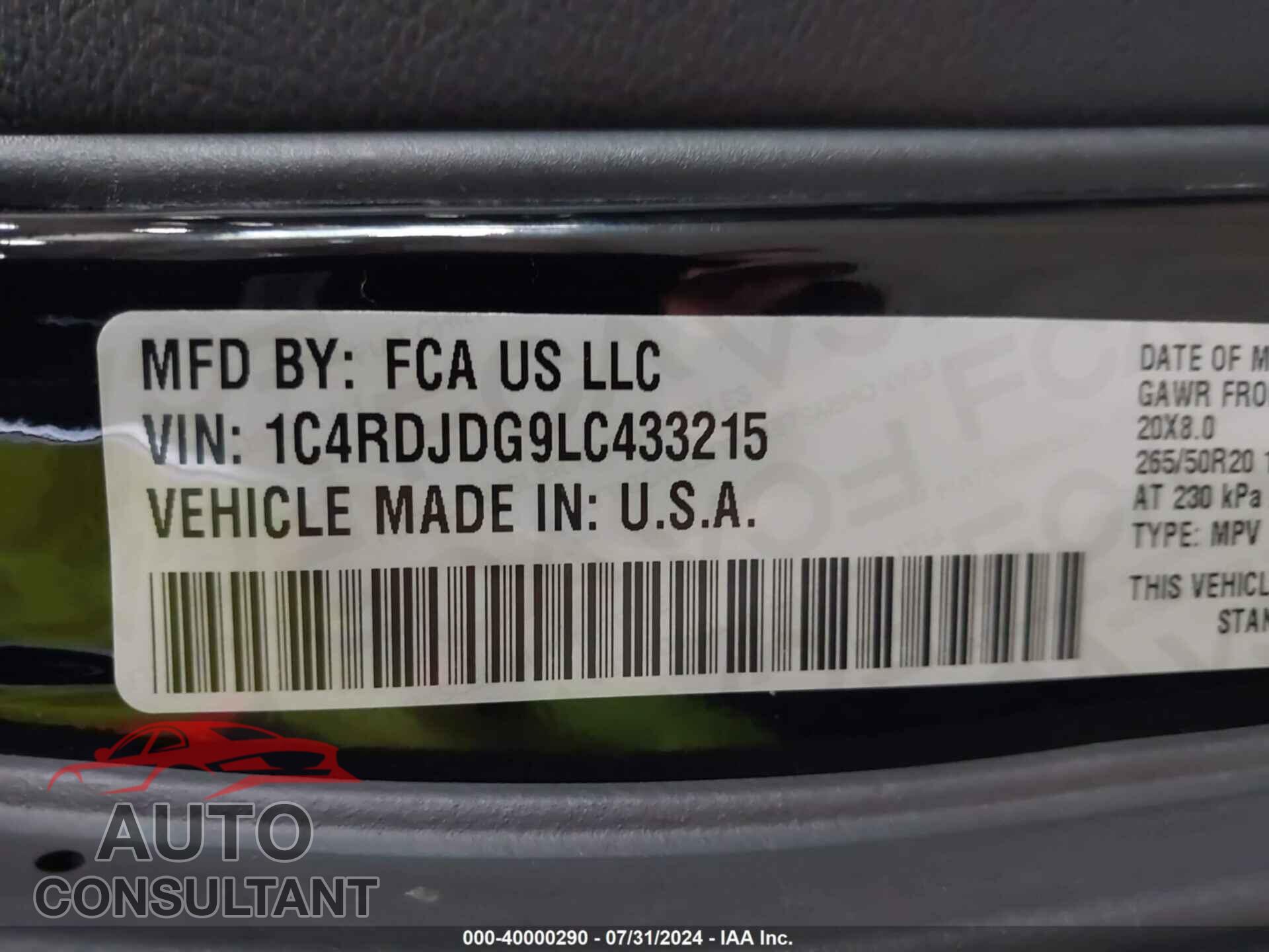 DODGE DURANGO 2020 - 1C4RDJDG9LC433215