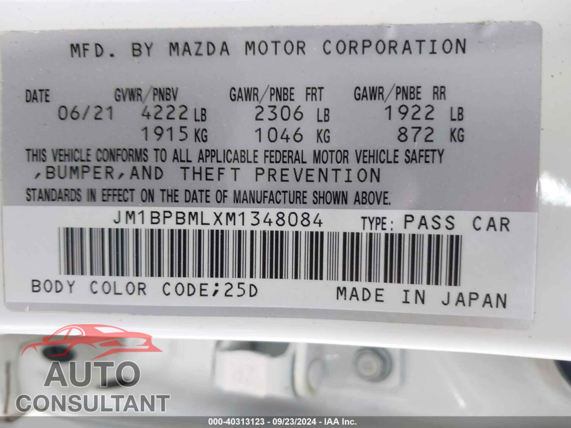 MAZDA MAZDA3 2021 - JM1BPBMLXM1348084