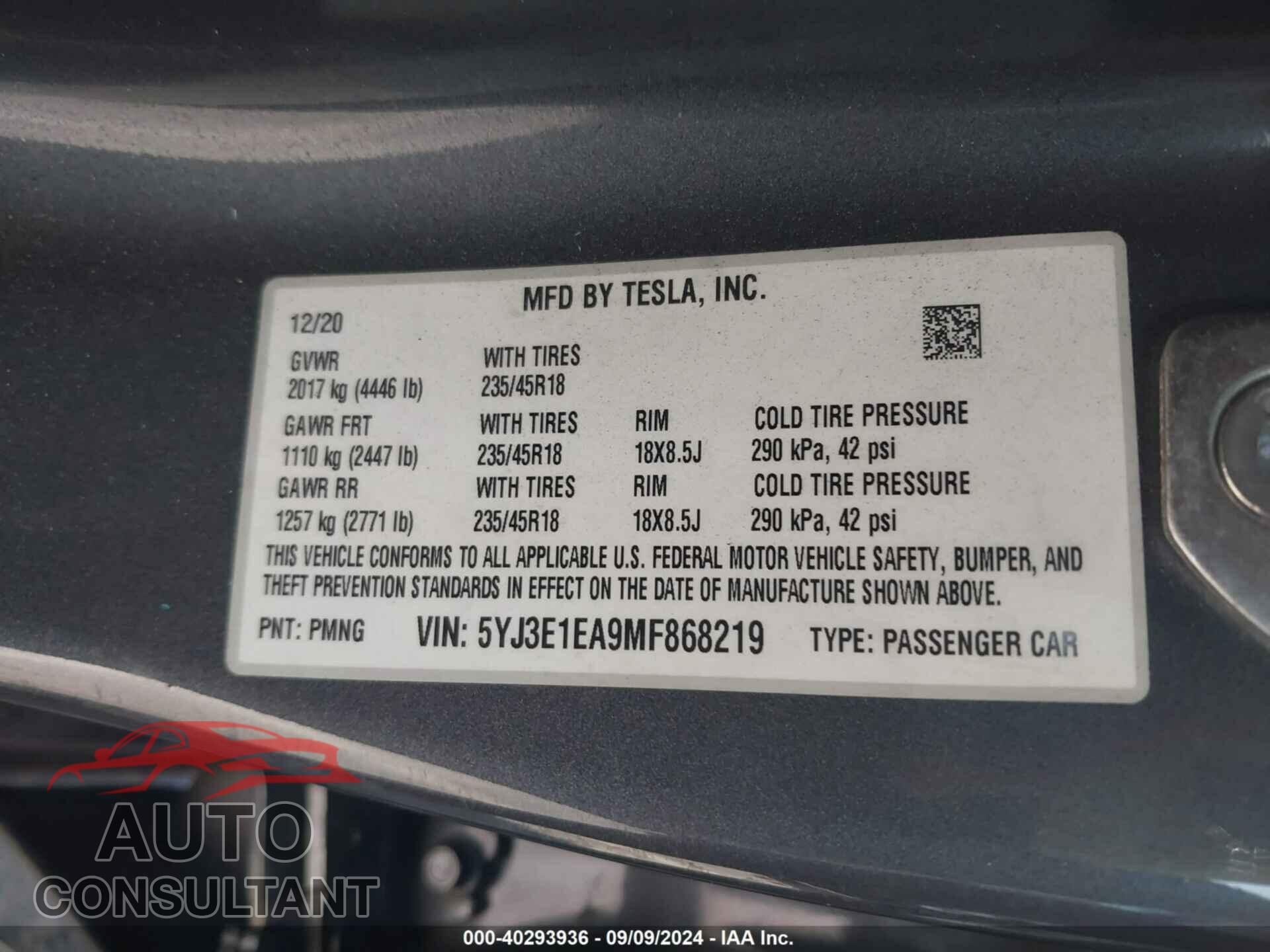 TESLA MODEL 3 2021 - 5YJ3E1EA9MF868219