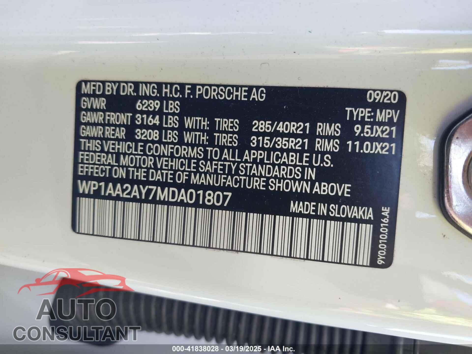 PORSCHE CAYENNE 2021 - WP1AA2AY7MDA01807