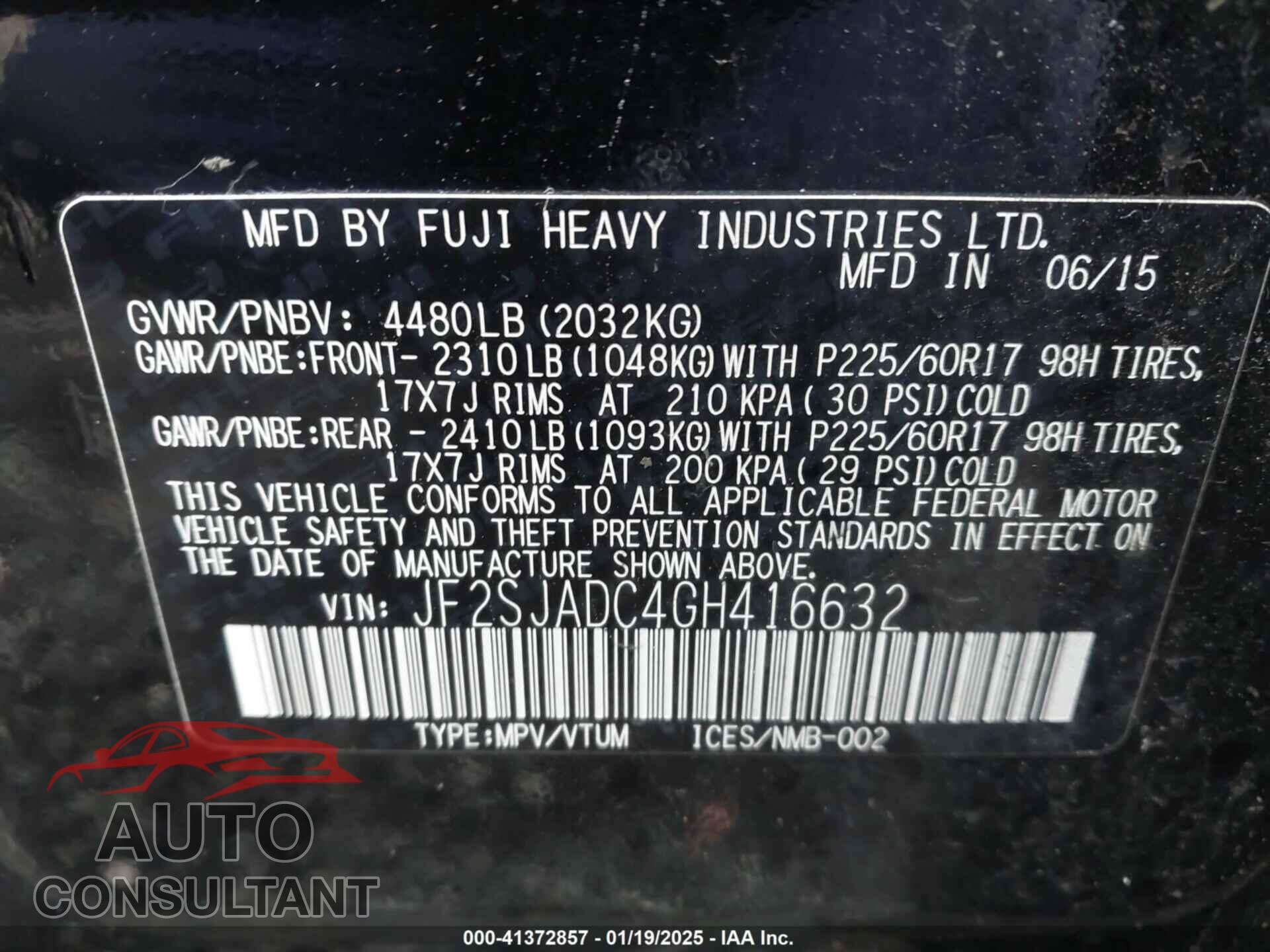 SUBARU FORESTER 2016 - JF2SJADC4GH416632