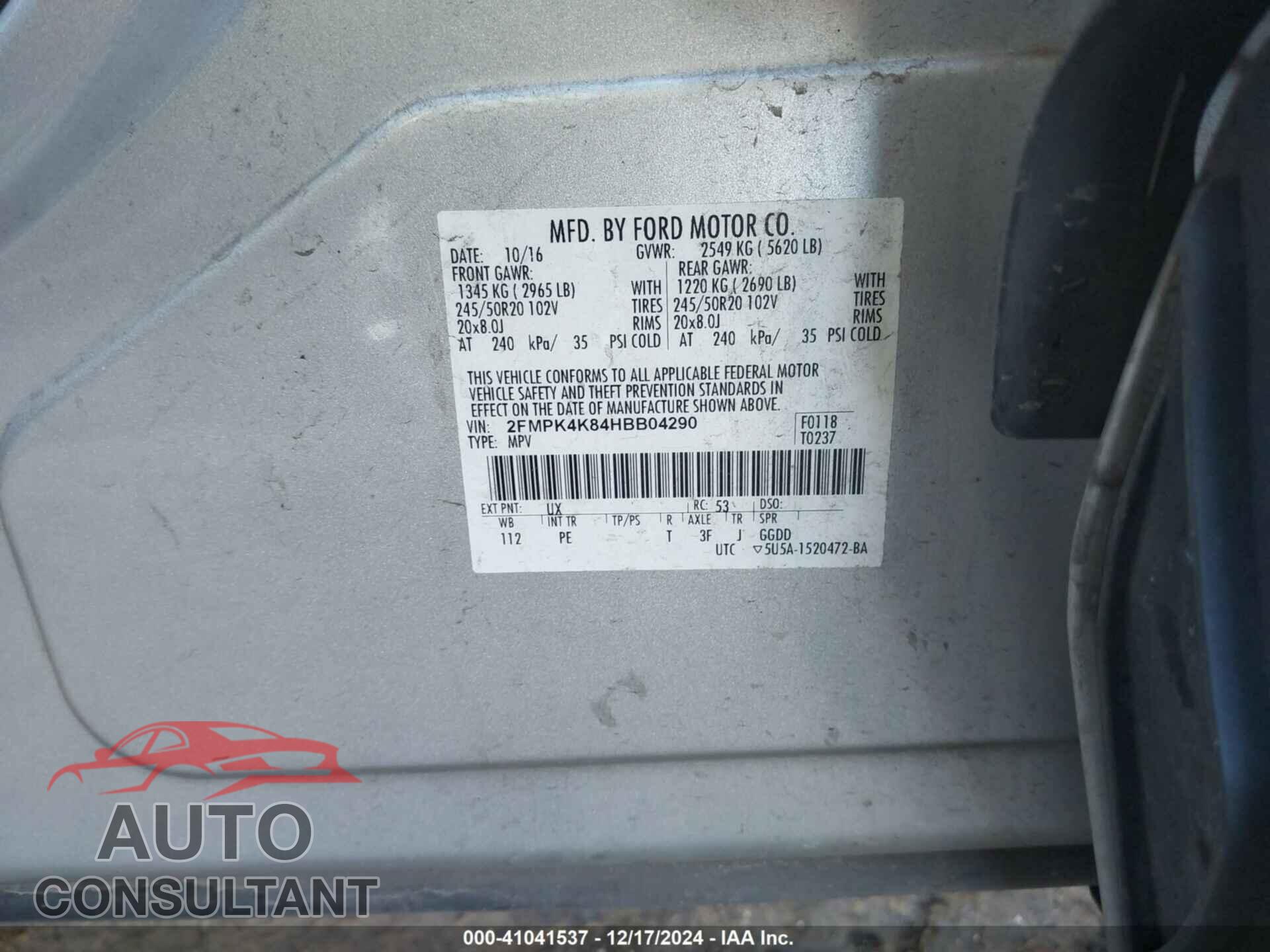 FORD EDGE 2017 - 2FMPK4K84HBB04290