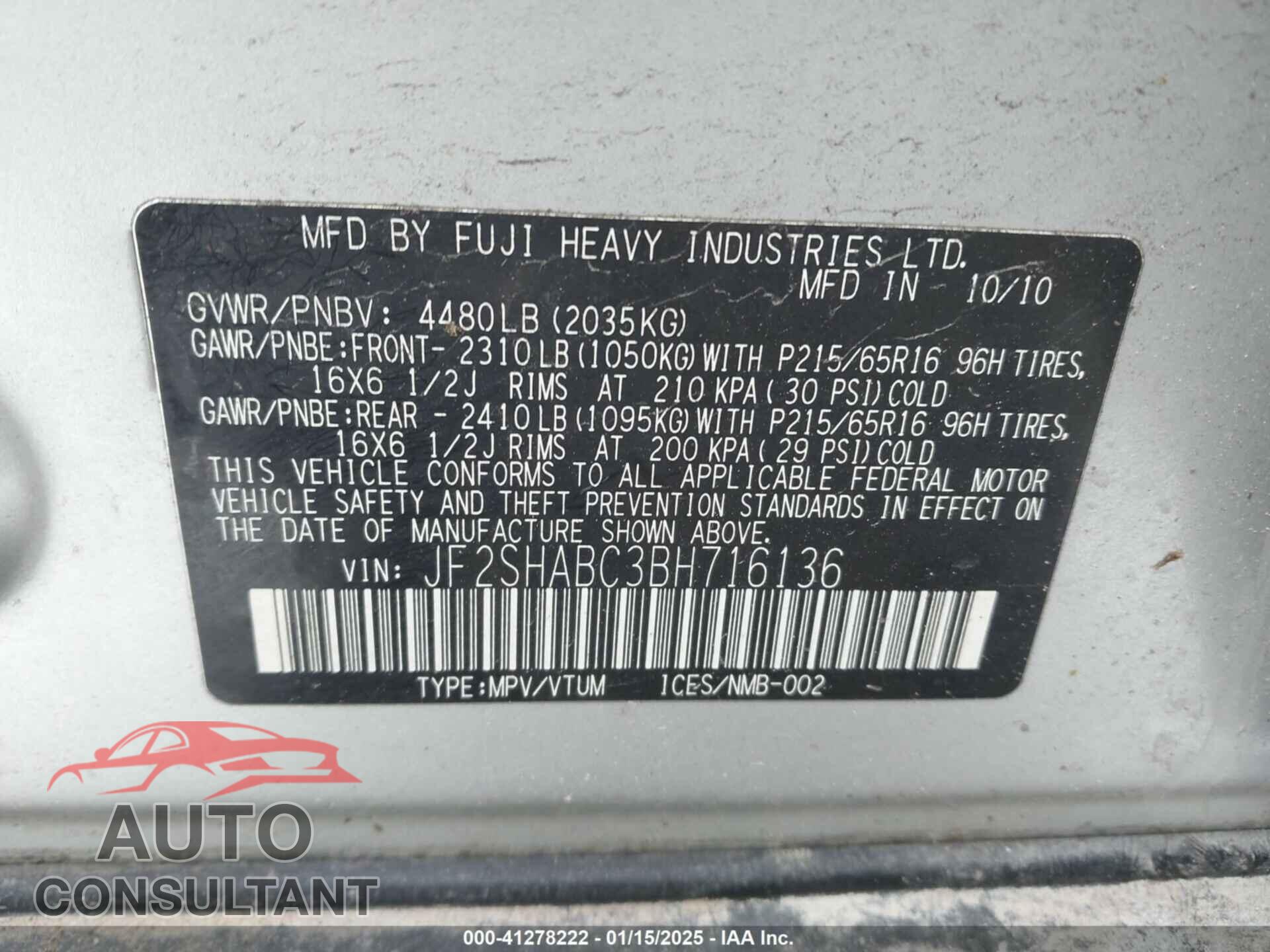 SUBARU FORESTER 2011 - JF2SHABC3BH716136