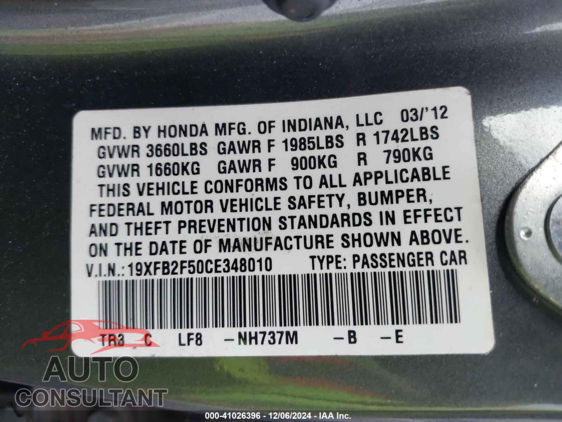 HONDA CIVIC 2012 - 19XFB2F50CE348010