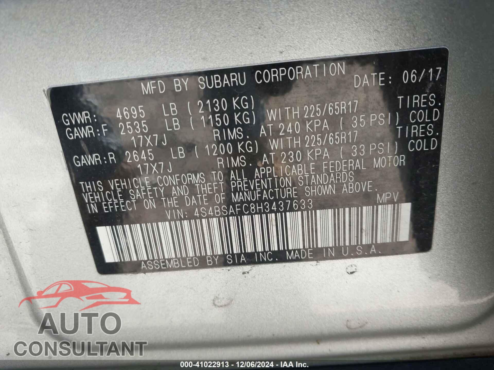SUBARU OUTBACK 2017 - 4S4BSAFC8H3437633