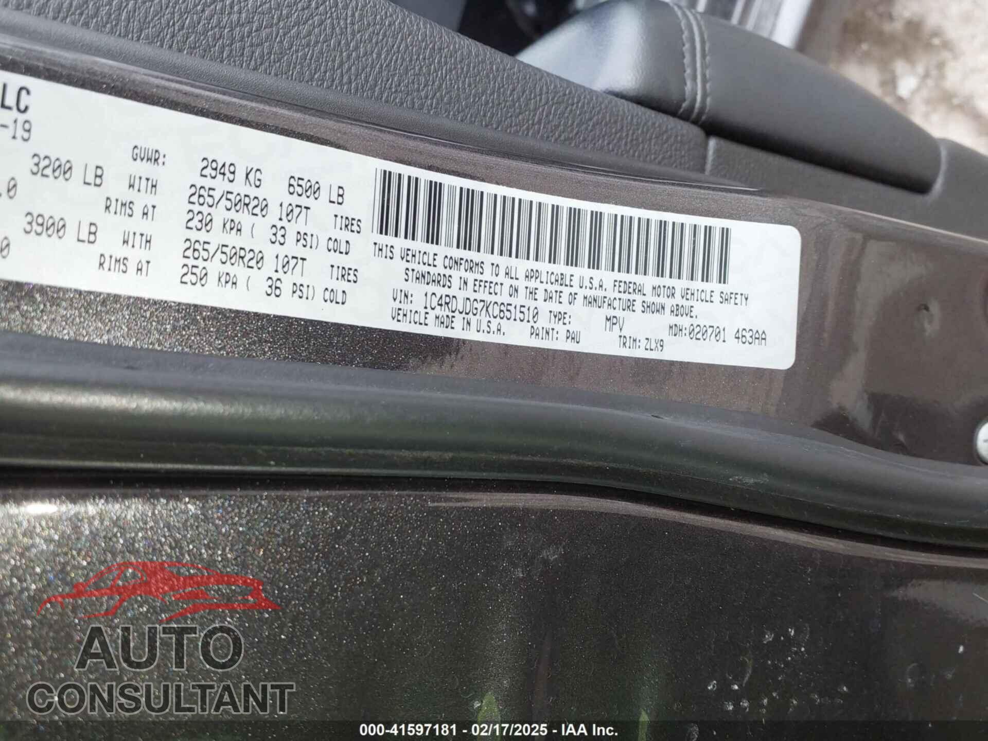 DODGE DURANGO 2019 - 1C4RDJDG7KC651510