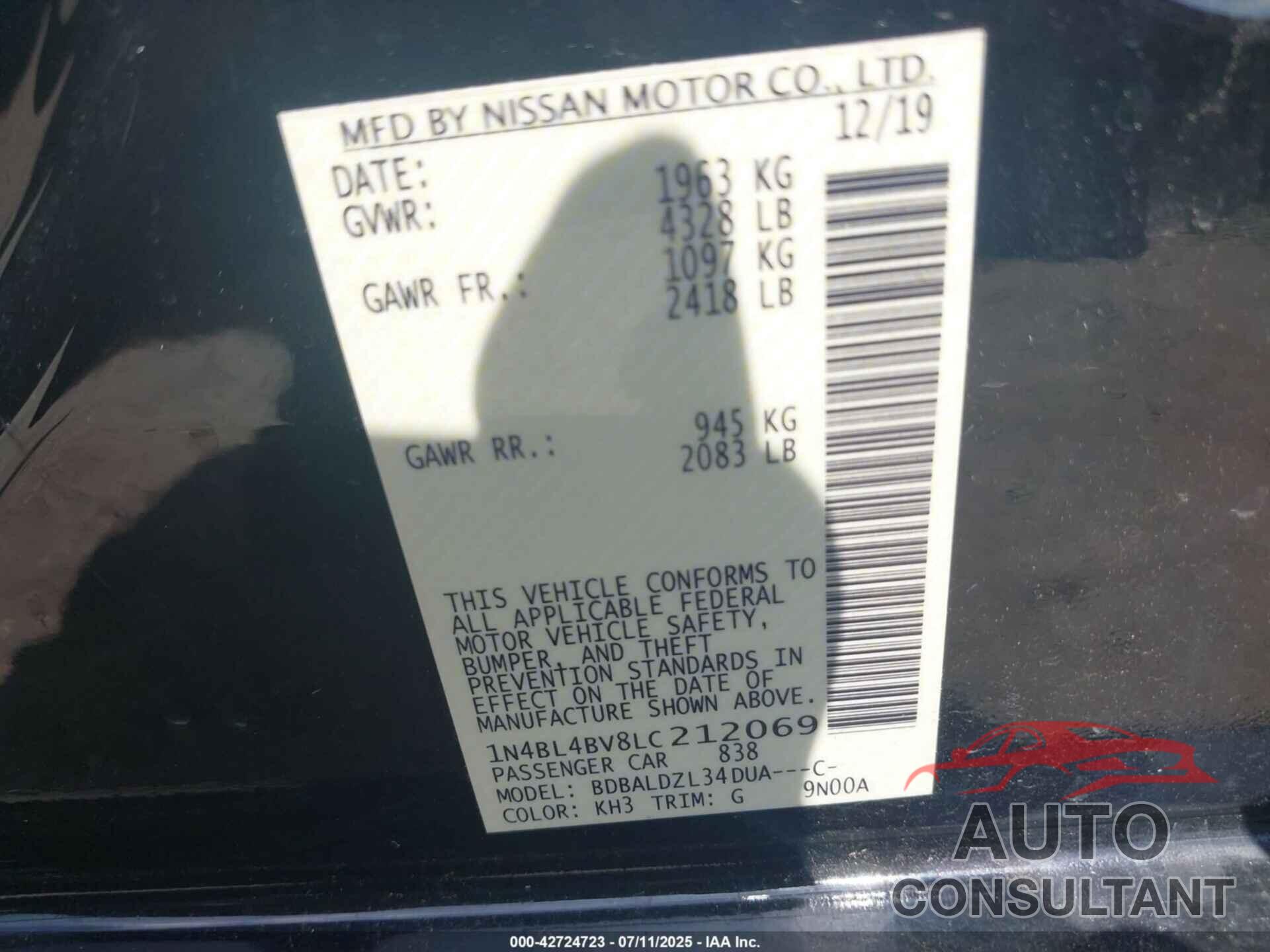NISSAN ALTIMA 2020 - 1N4BL4BV8LC212069