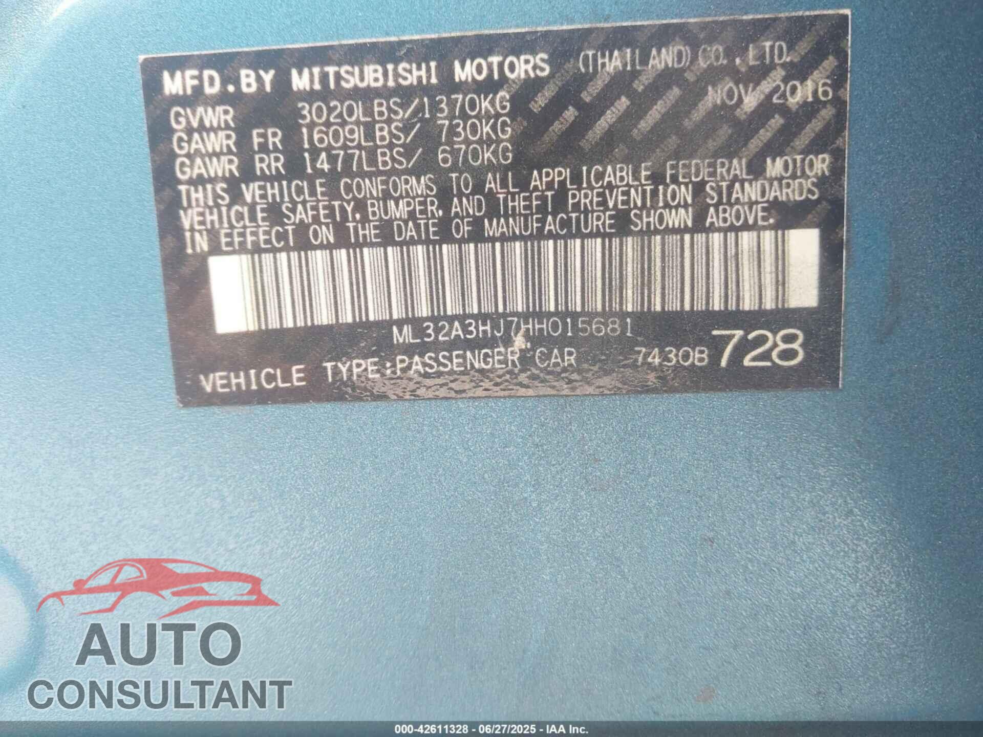 MITSUBISHI MIRAGE 2017 - ML32A3HJ7HH015681