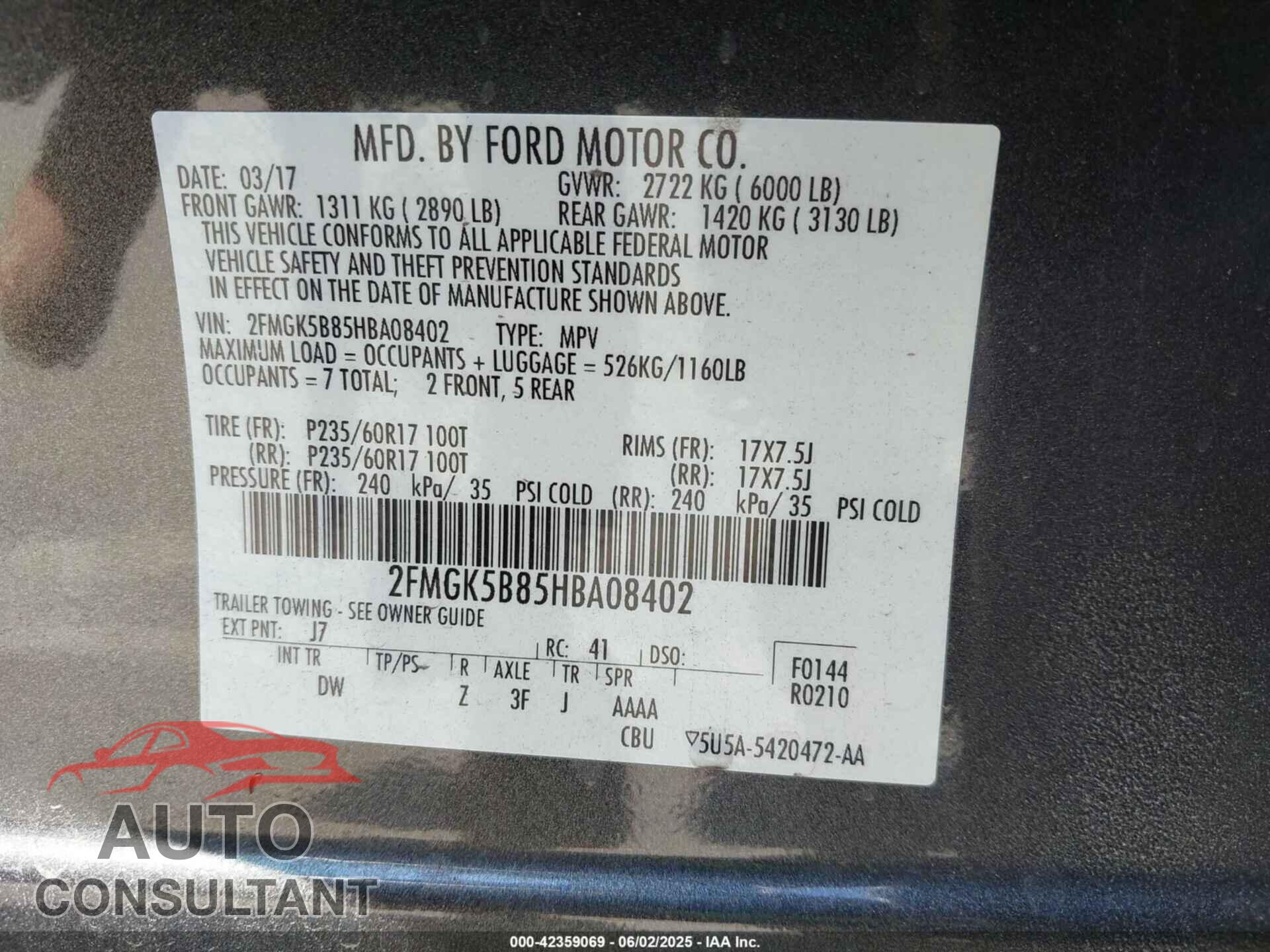 FORD FLEX 2017 - 2FMGK5B85HBA08402