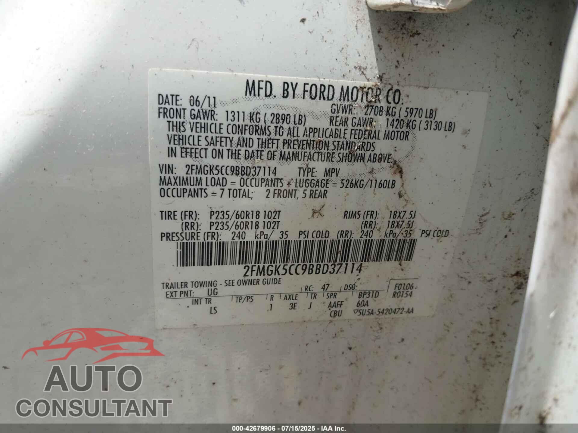 FORD FLEX 2011 - 2FMGK5CC9BBD37114