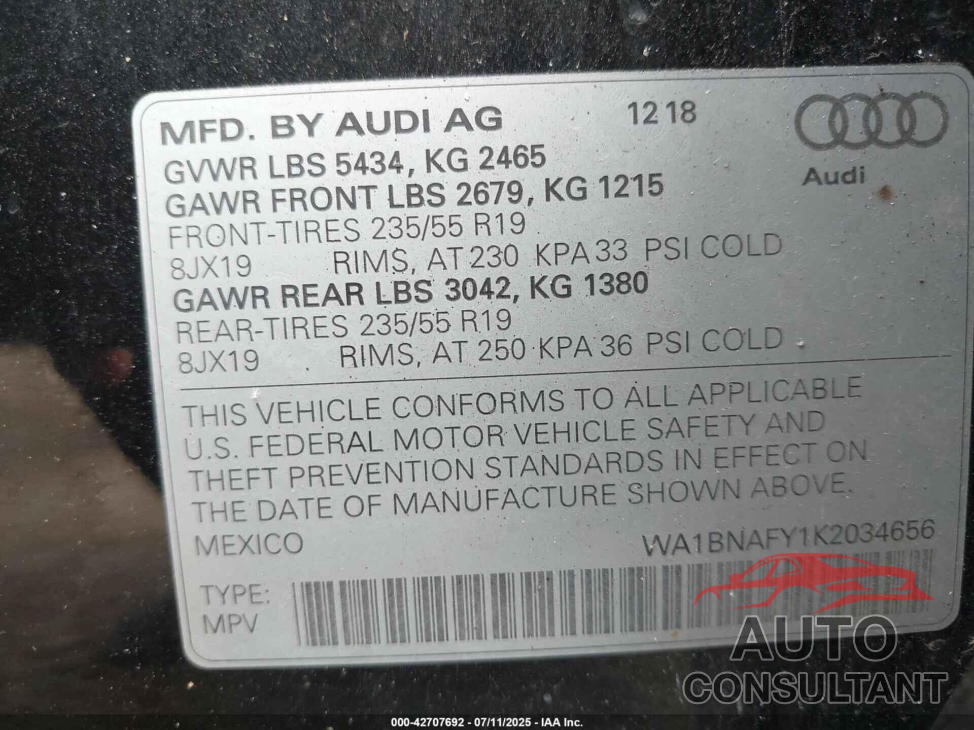 AUDI Q5 2019 - WA1BNAFY1K2034656