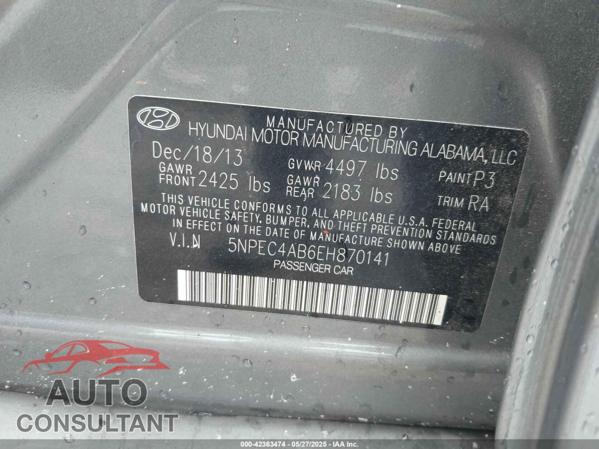 HYUNDAI SONATA 2014 - 5NPEC4AB6EH870141