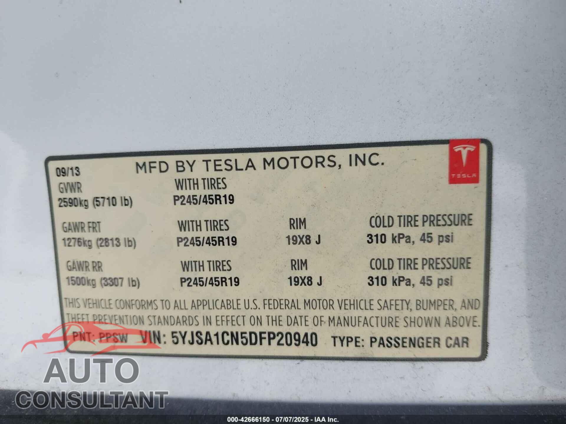 TESLA MODEL S 2013 - 5YJSA1CN5DFP20940