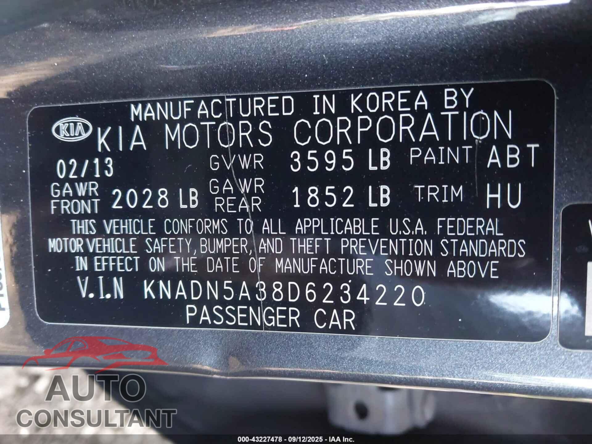 KIA RIO 2013 - KNADN5A38D6234220