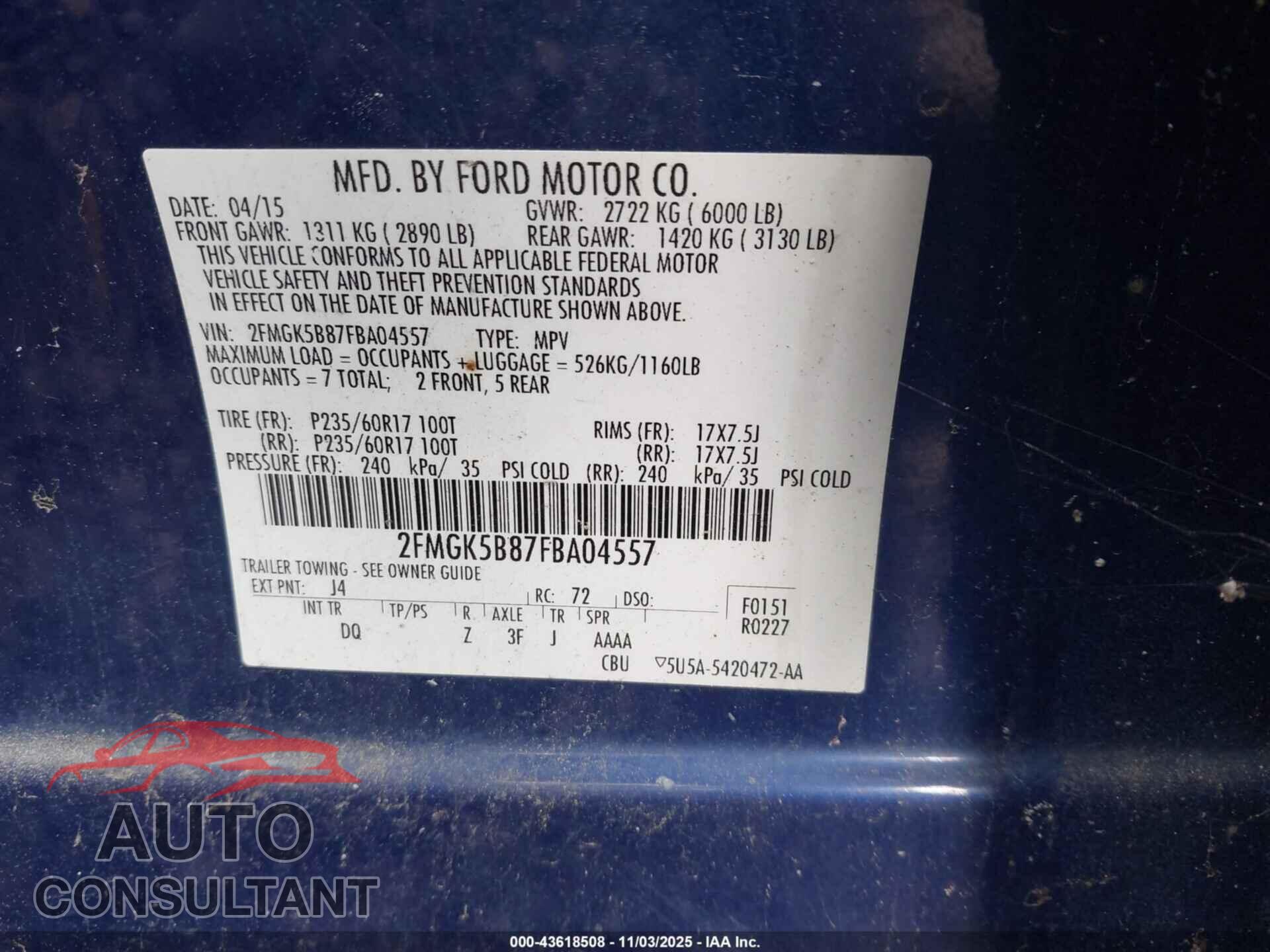 FORD FLEX 2015 - 2FMGK5B87FBA04557