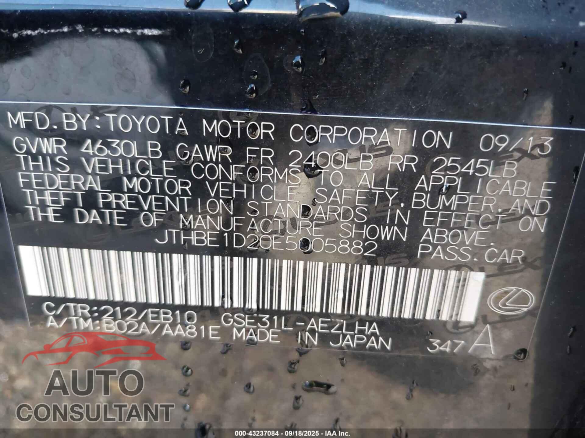 LEXUS IS 350 2014 - JTHBE1D20E5005882