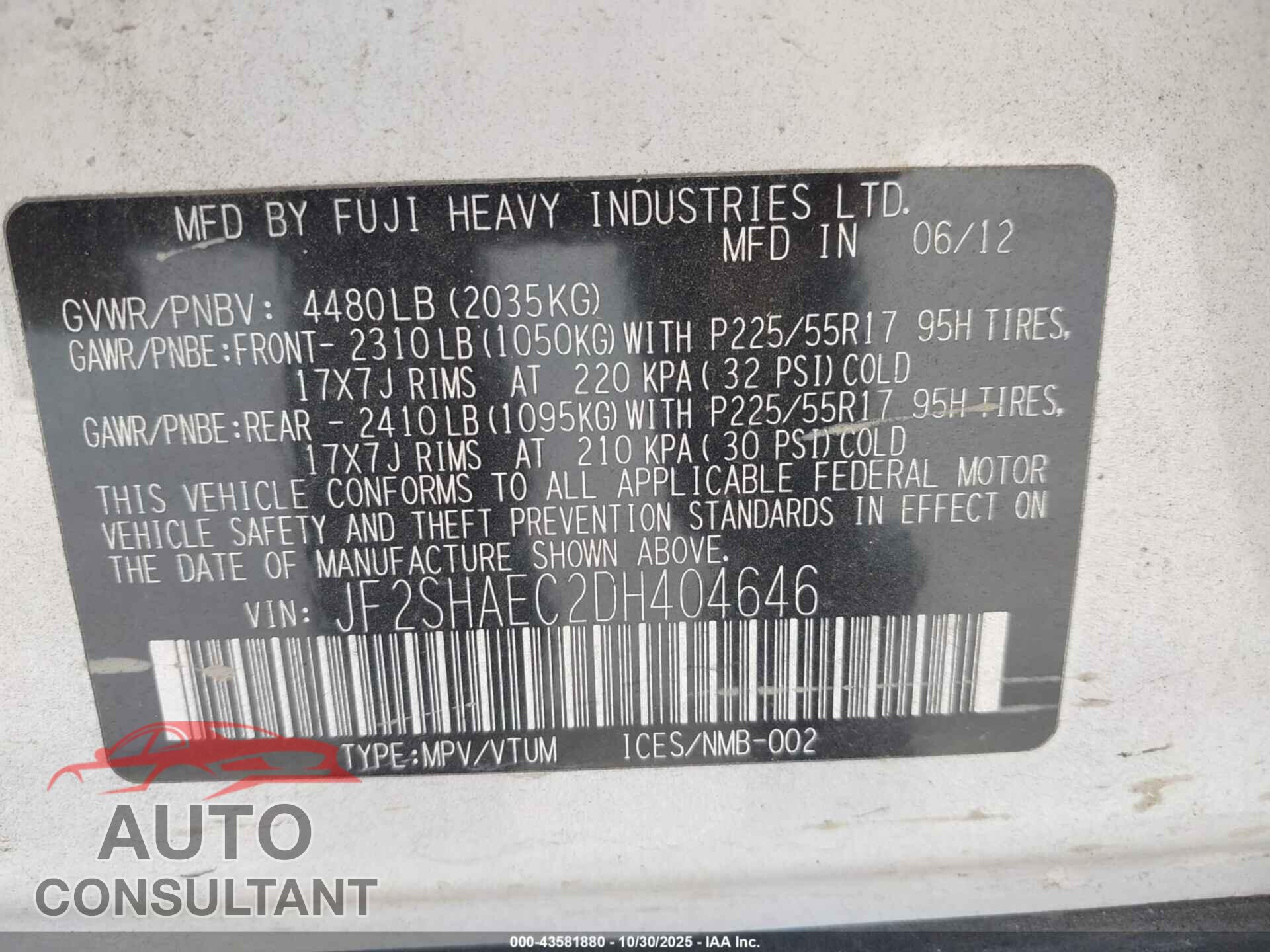 SUBARU FORESTER 2013 - JF2SHAEC2DH404646