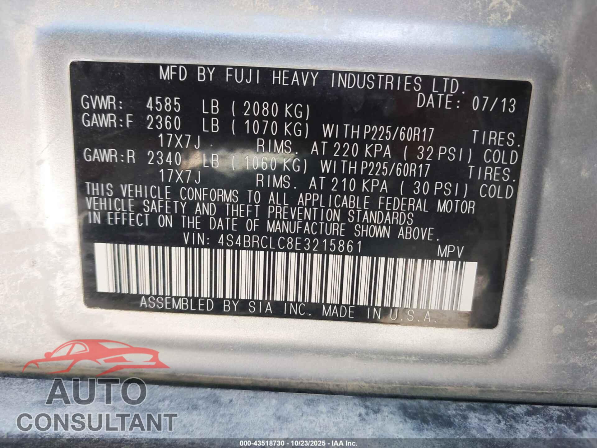SUBARU OUTBACK 2014 - 4S4BRCLC8E3215861