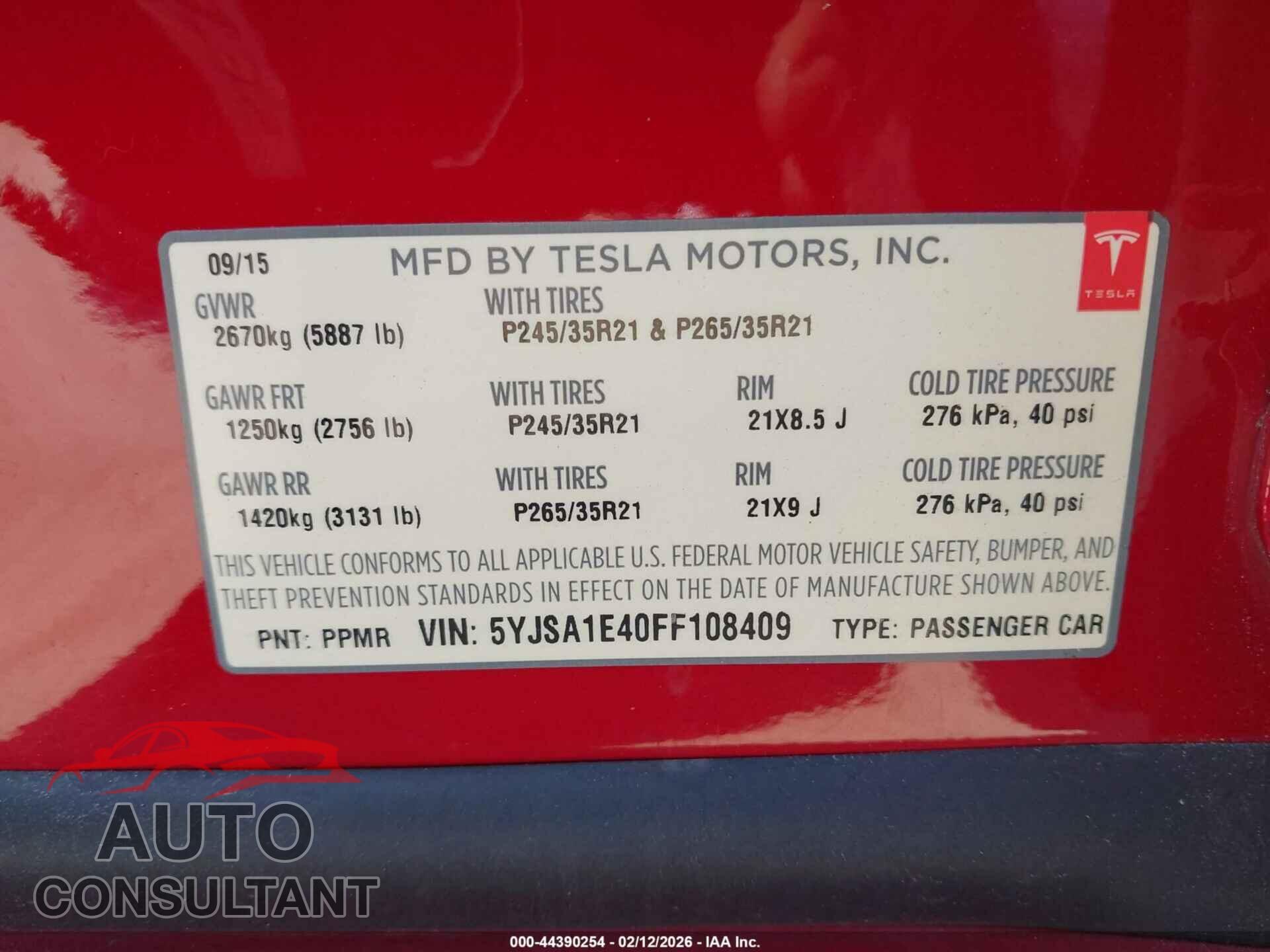 TESLA MODEL S 2015 - 5YJSA1E40FF108409