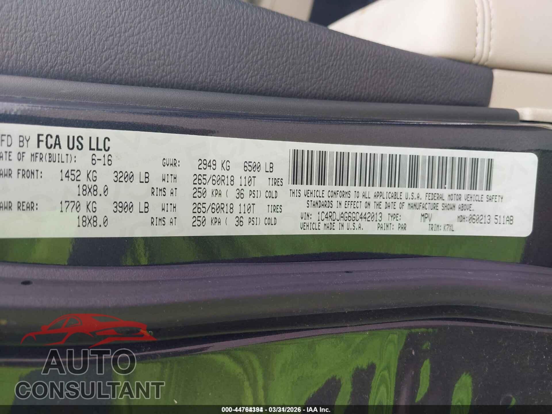 DODGE DURANGO 2016 - 1C4RDJAG6GC442013