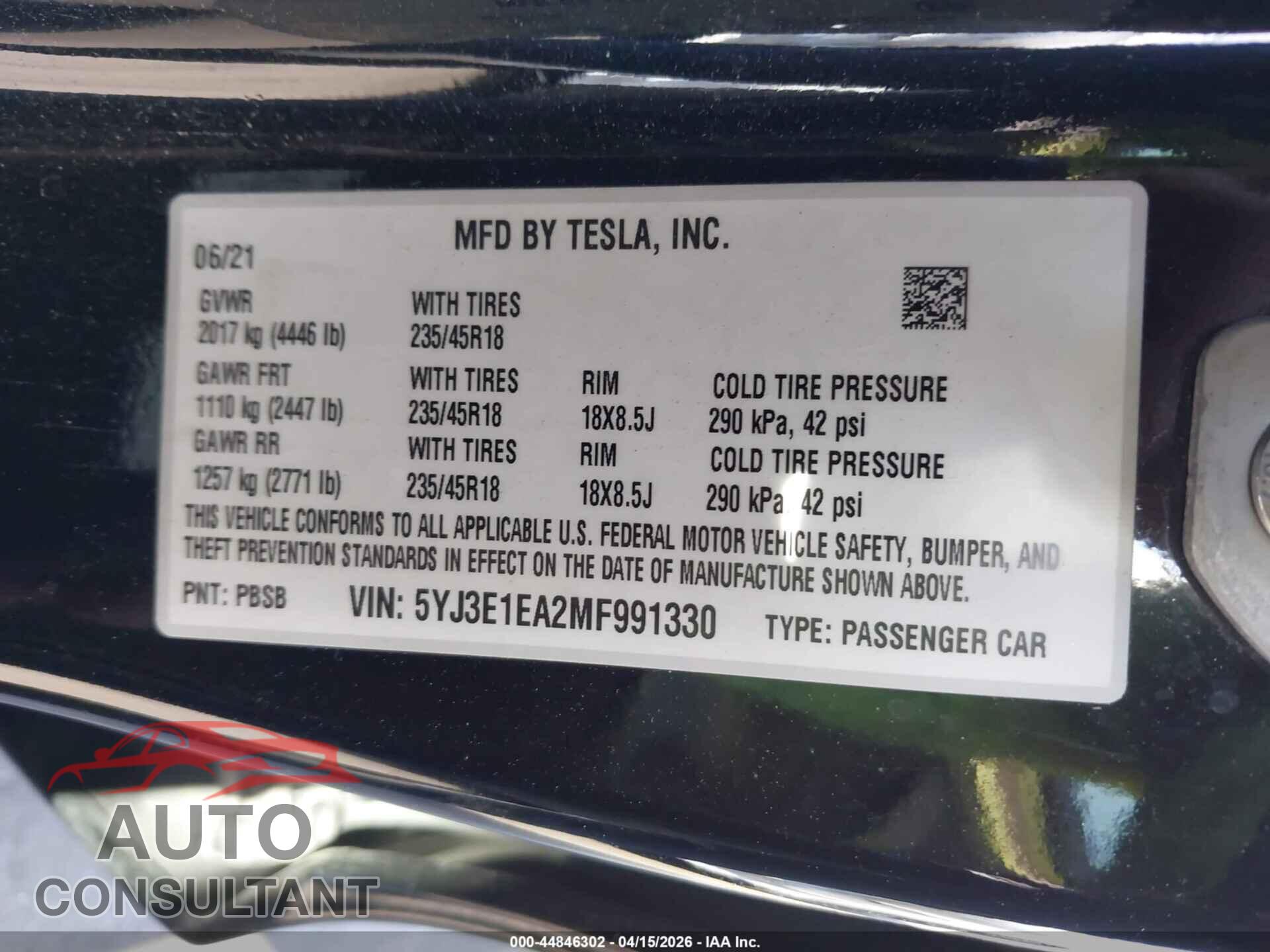TESLA MODEL 3 2021 - 5YJ3E1EA2MF991330