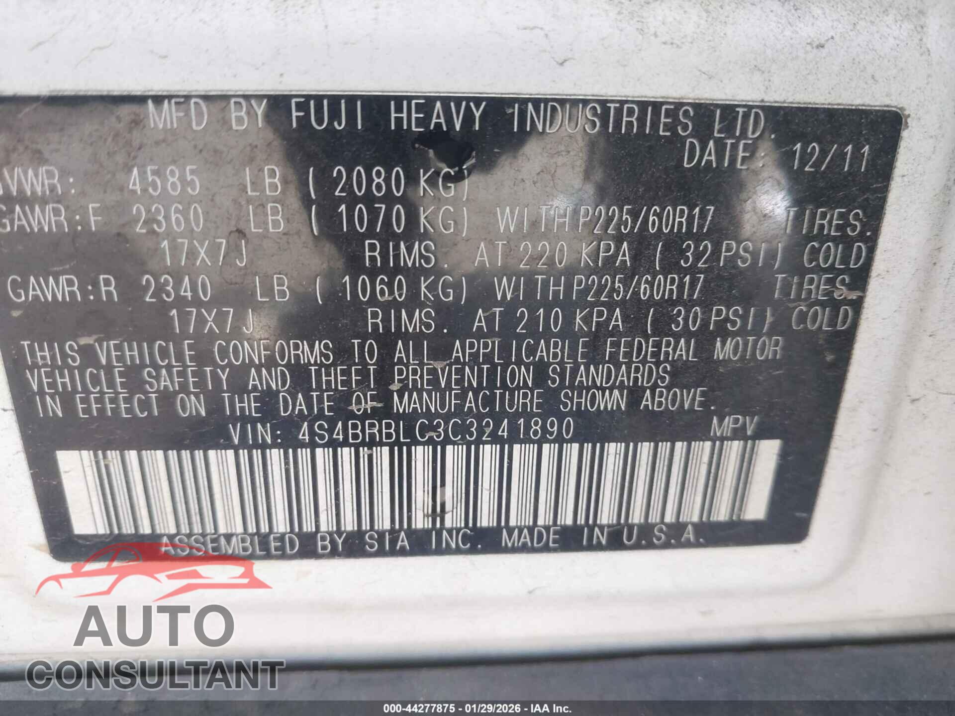 SUBARU OUTBACK 2012 - 4S4BRBLC3C3241890