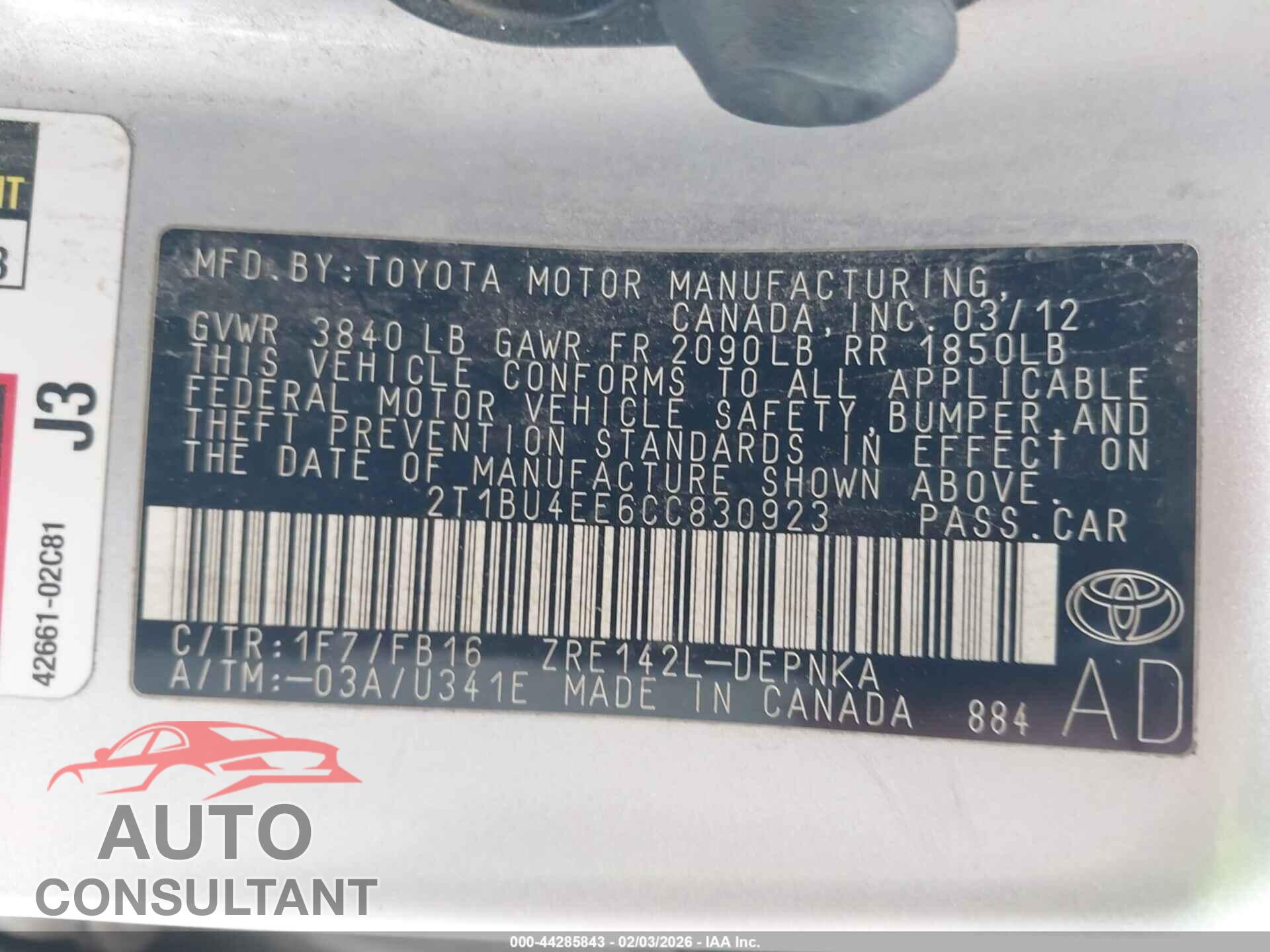 TOYOTA COROLLA 2012 - 2T1BU4EE6CC830923