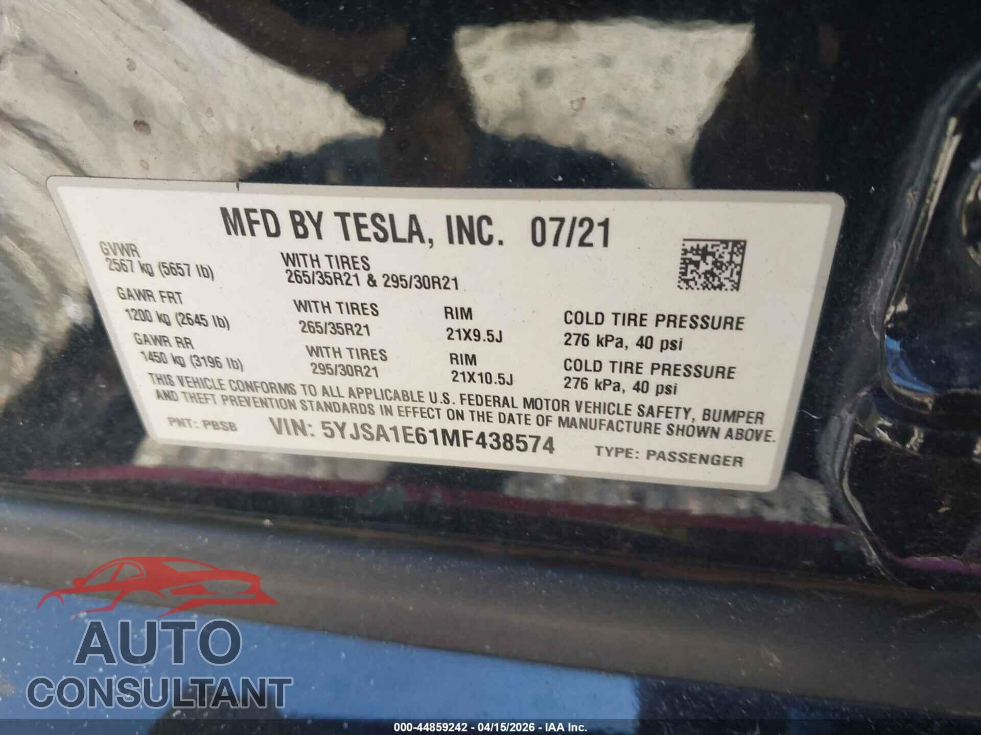 TESLA MODEL S 2021 - 5YJSA1E61MF438574