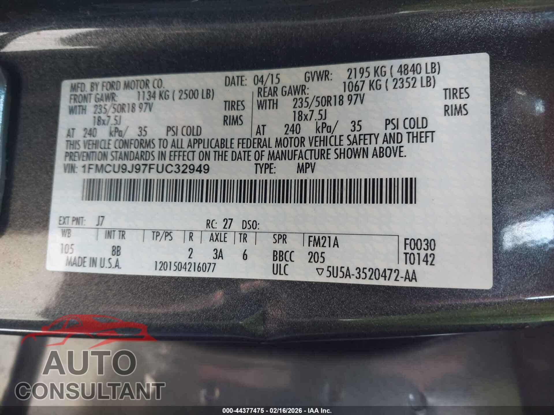 FORD ESCAPE 2015 - 1FMCU9J97FUC32949