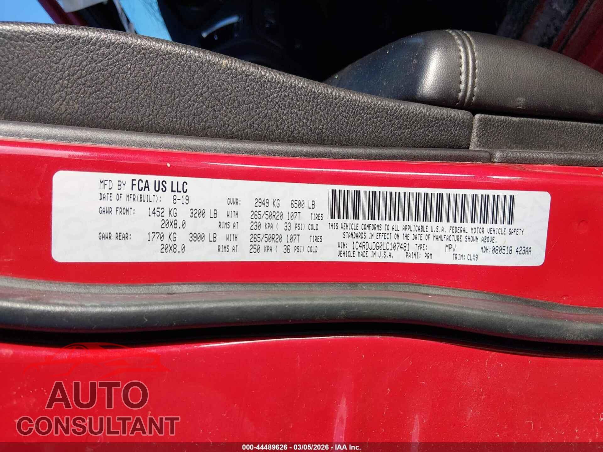 DODGE DURANGO 2020 - 1C4RDJDG0LC107481