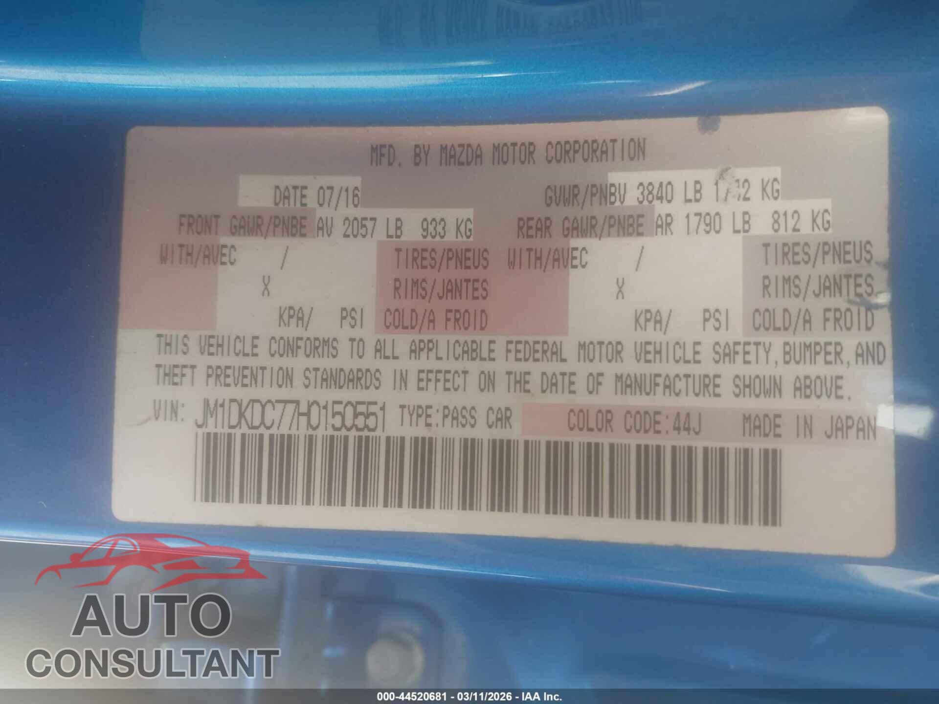 MAZDA CX-3 2017 - JM1DKDC77H0150551