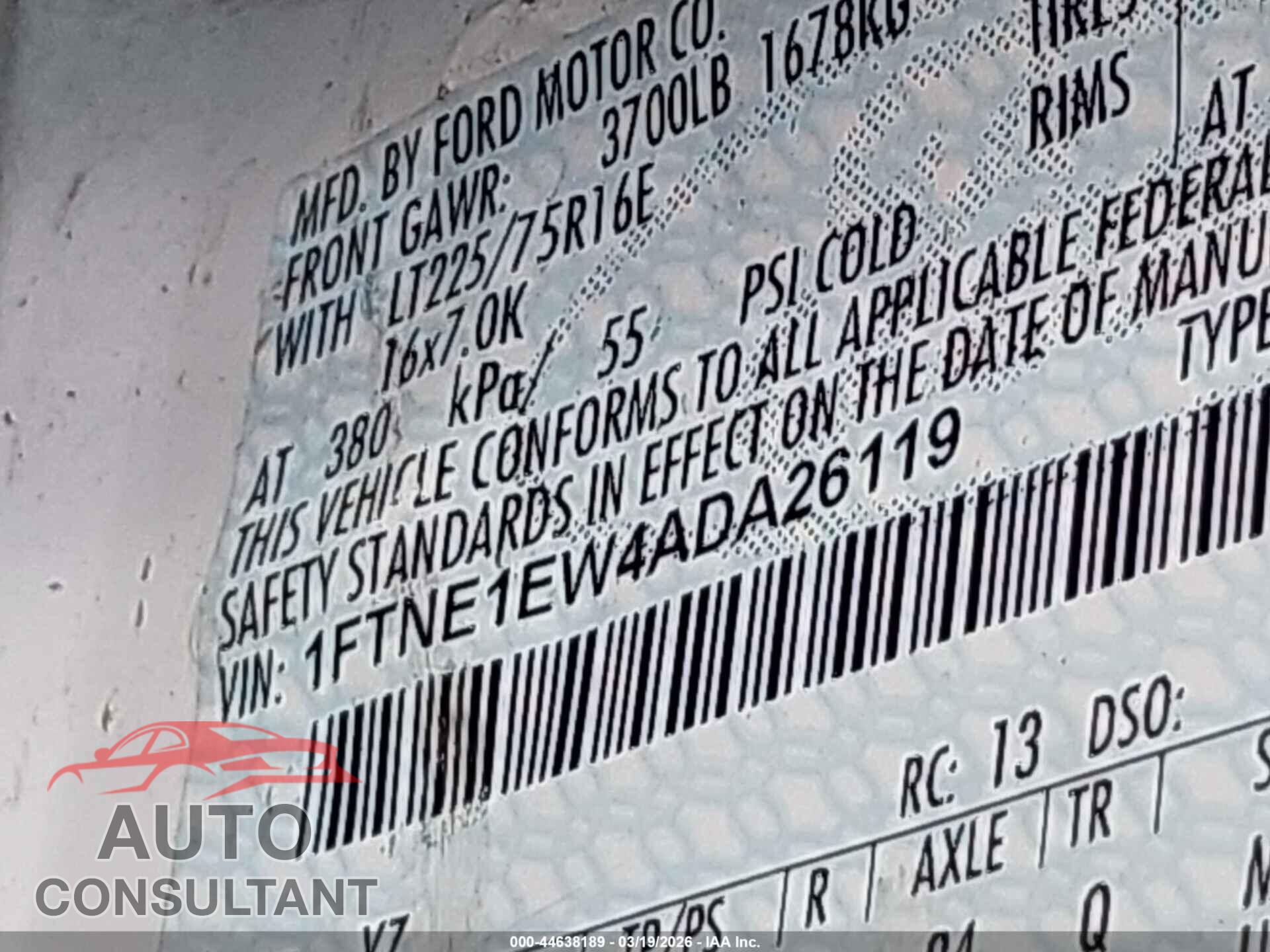 FORD E-150 2010 - 1FTNE1EW4ADA26119